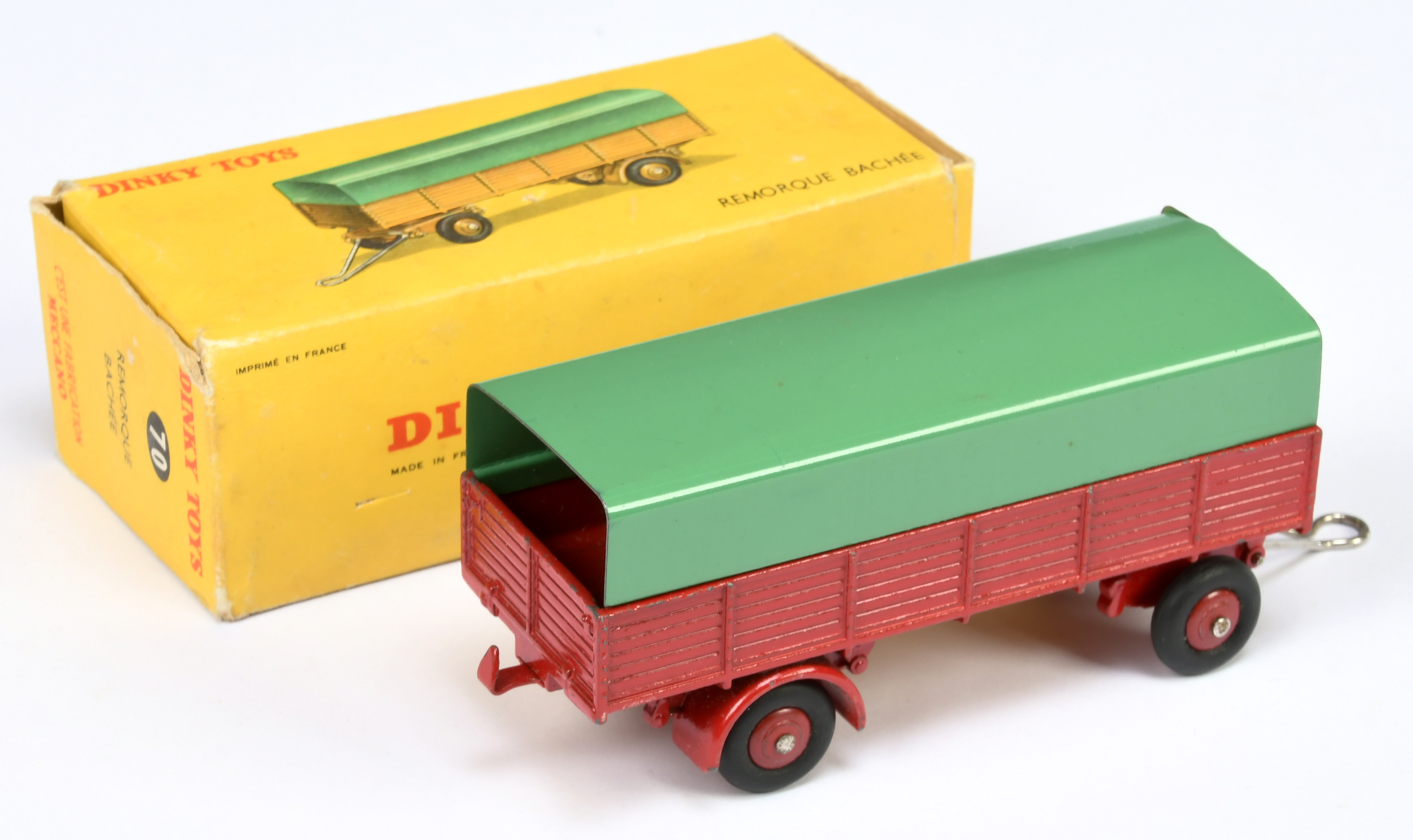 French Dinky Toys 70 Large Trailer - Dark red including convex hubs, green metal tilt, chrome dra... - Image 2 of 2