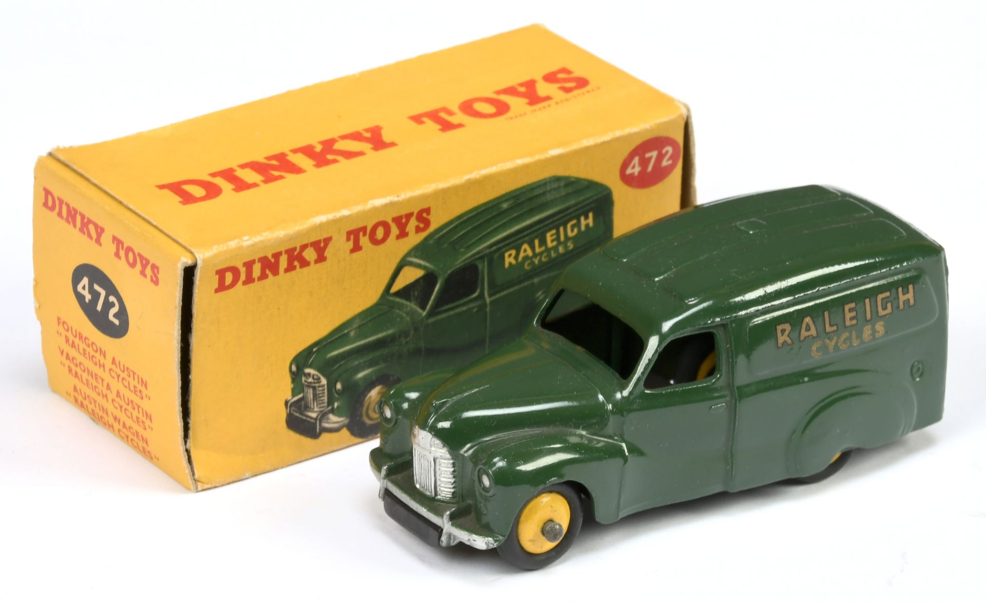 Dinky Toys 472 Austin Van "Raleigh Cycles" - dark green body, yellow rigid hubs and  silver trim 