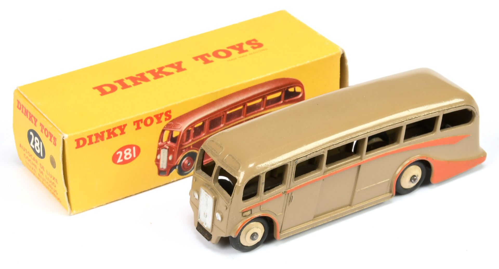 Dinky Toys 281 Luxury Coach - Fawn body, orange flashes, silver trim and cream rigid hubs with sm...