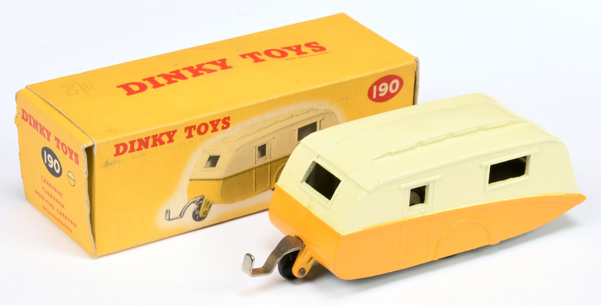 Dinky Toys 190 Caravan - Two-Tone Cream over yellow light beige, smooth black metal jockey wheel,...