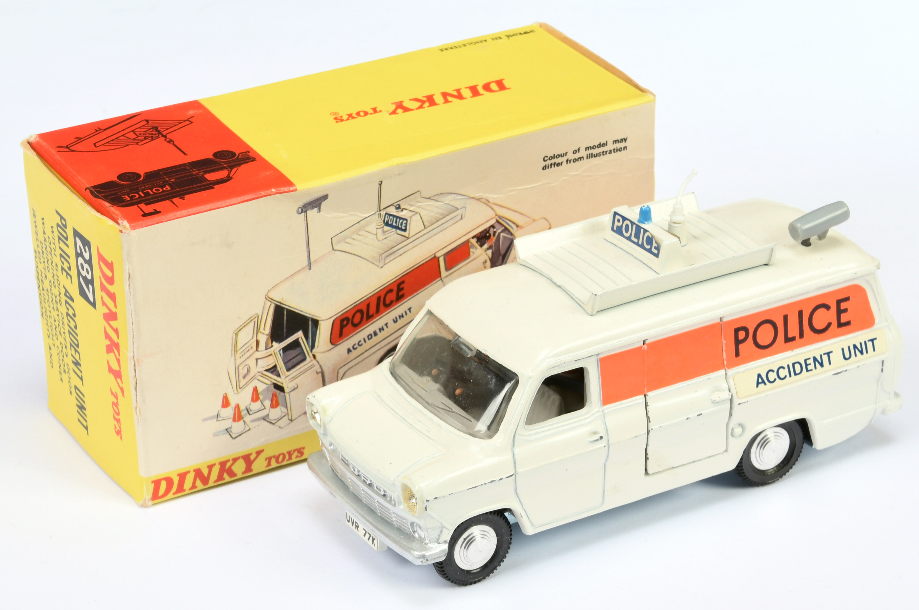 Dinky Toys 287 Ford Transit "police Accident Unit" - White body, bare metal base, grey interior w...