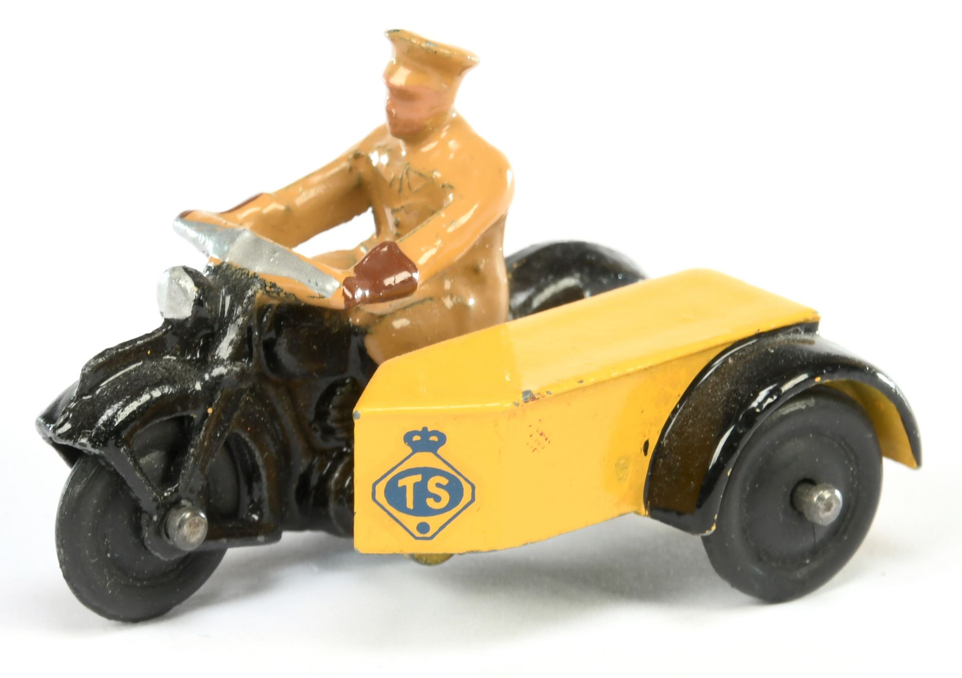 Dinky Toys 271 "TS" Motorcycle and Sidecar Export Issue - Yellow and Black with tan rider and sol...