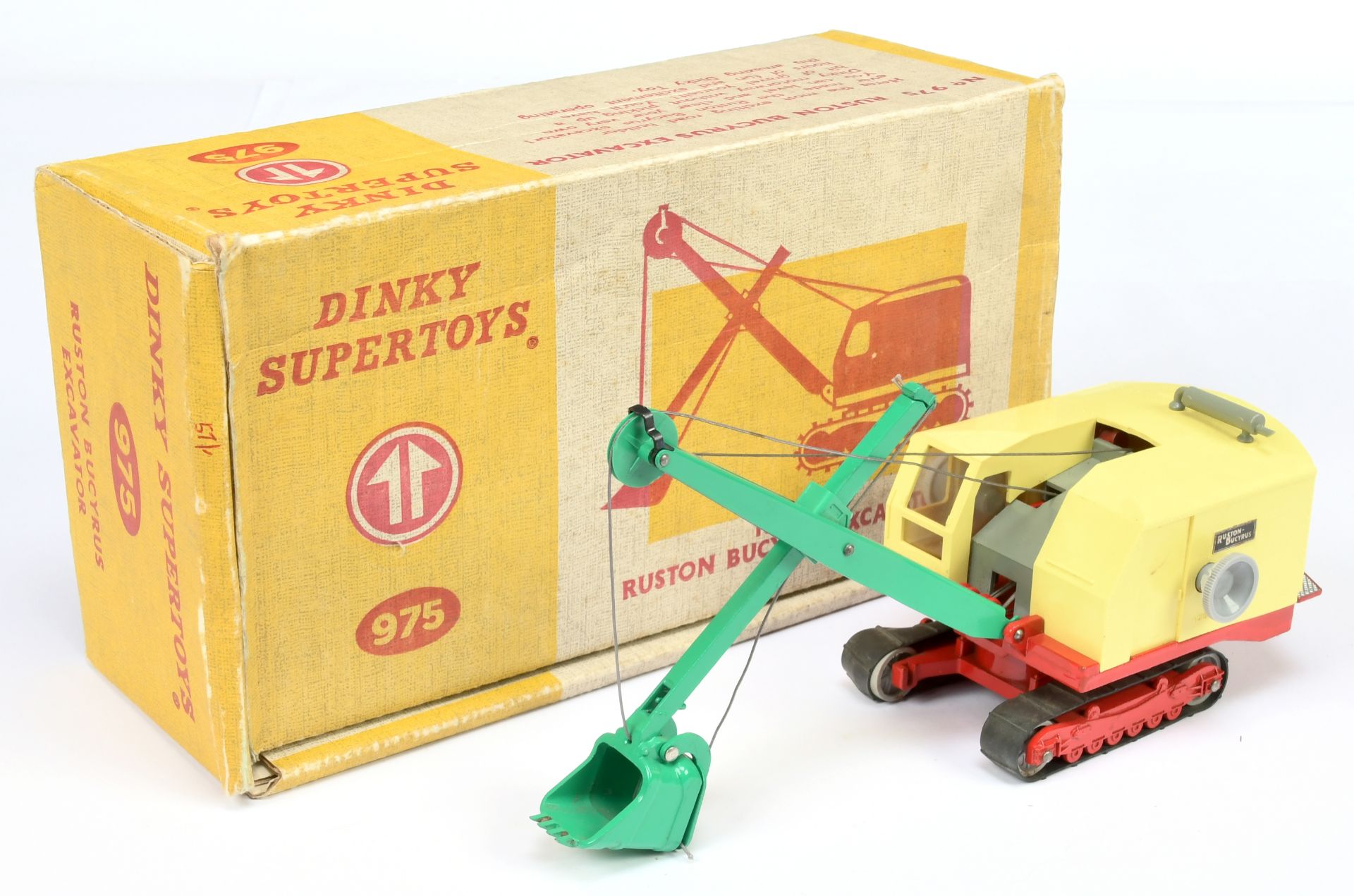 Dinky Toys 975 Ruston Bucyrus Excavator - Plastic yellow body, green jib and shovel, red base, gr...