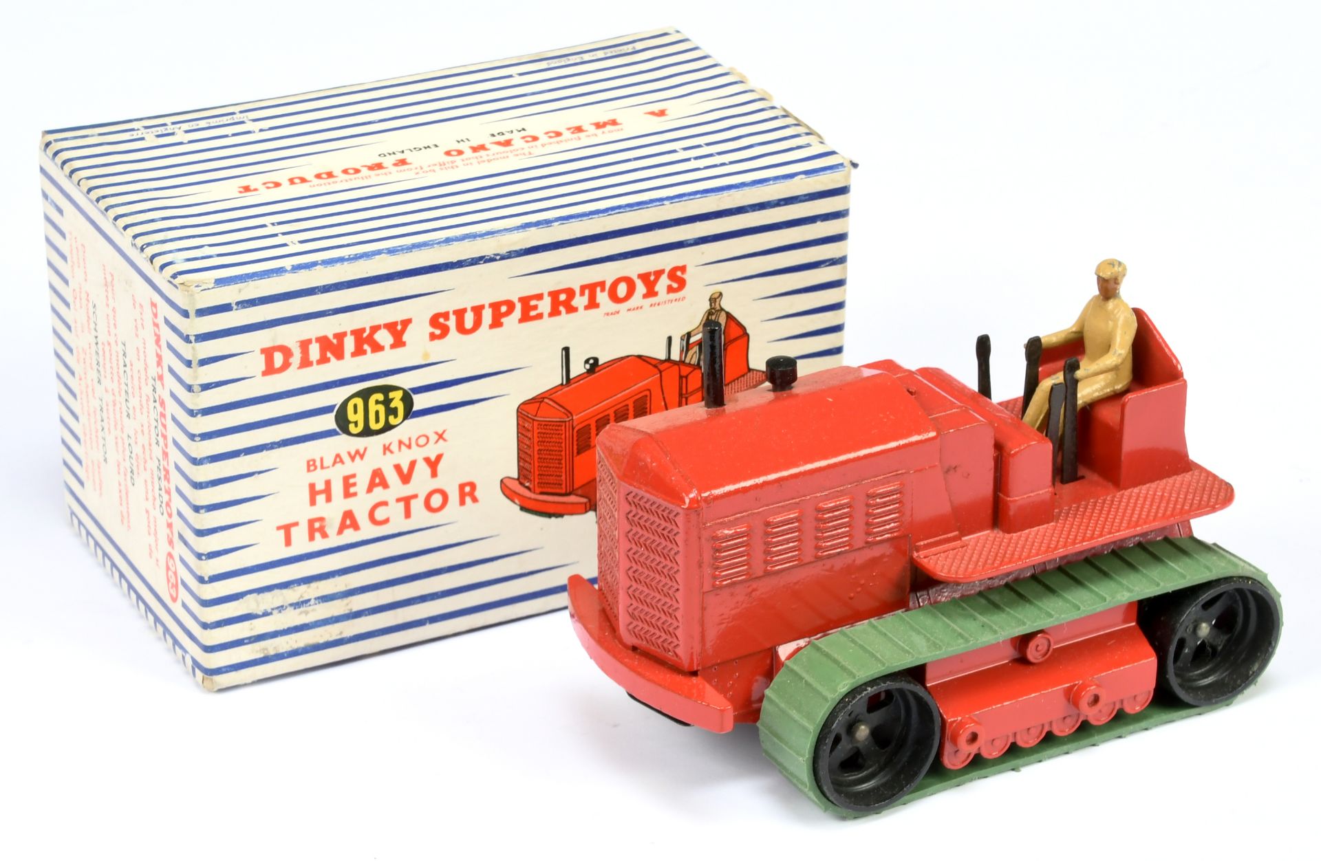 Dinky Toys 963 Blaw Knox Heavy Tractor - Red body, black metal rollers with green rubber tracks, ...