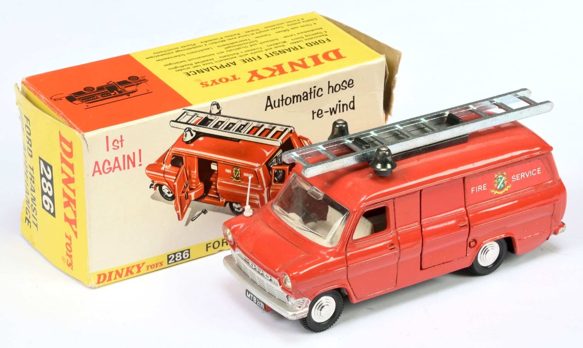 Dinky Toys 286 Ford Transit Fire Appliance "Fire Service" - Red body, Dark grey base, off white i...