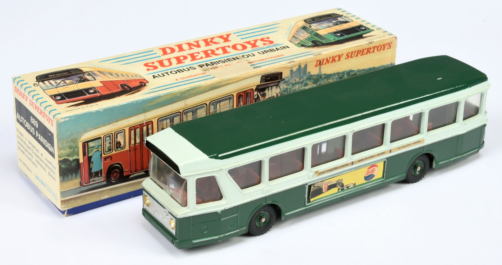 French Dinky Toys 889 Autobus Parisien - Two-Tone green, brown interior and concave hubs