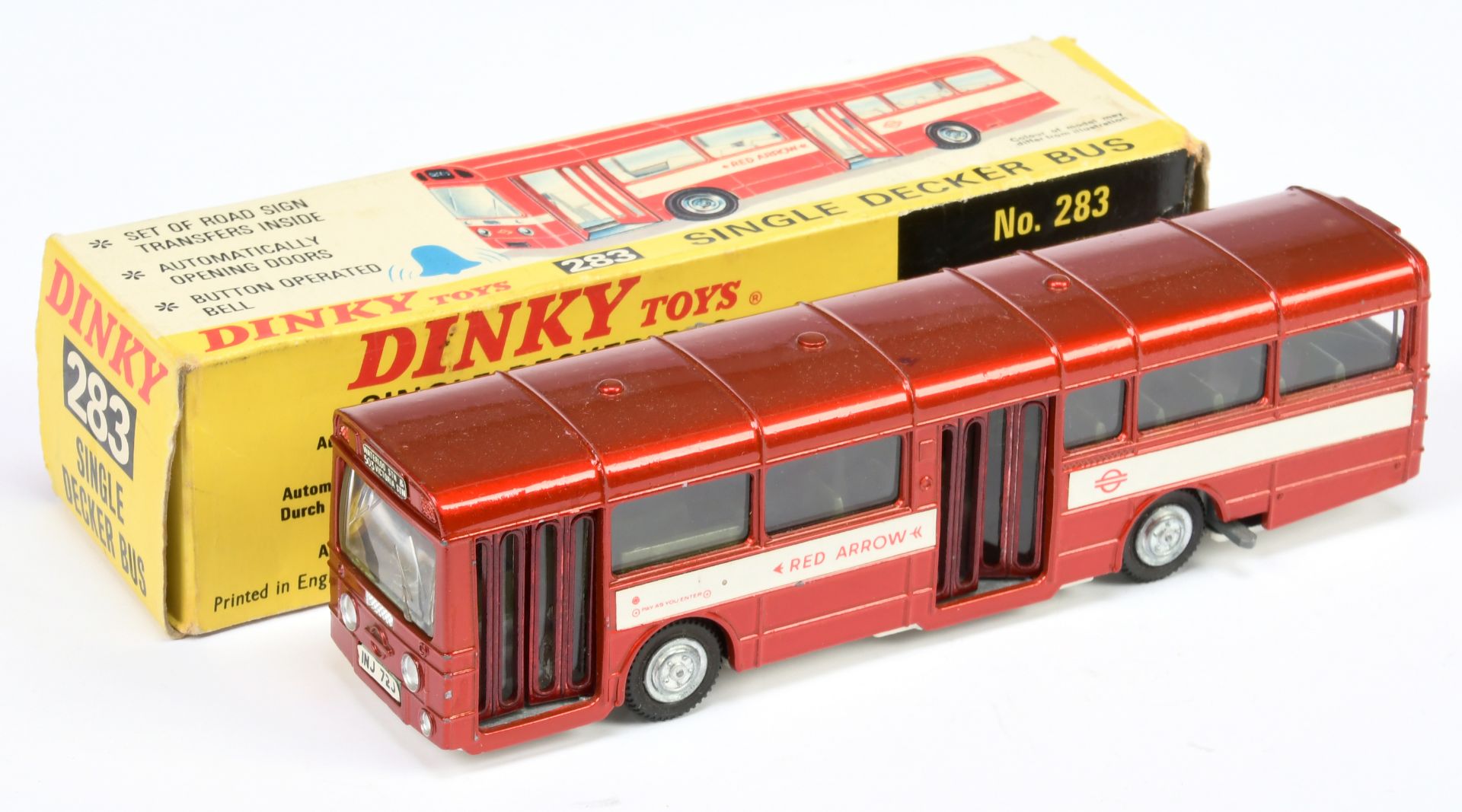 Dinky Toys 283 Single Decker Coach "Red Arrow" - Metallic red body, silver trim (interior super d...