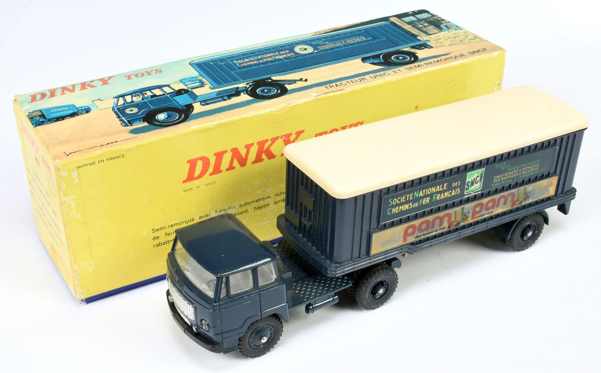 French Dinky Toys 803 Tractor Unic "Pam Pam" - Blue cab, plastic hubs and trailer pale cream roof...