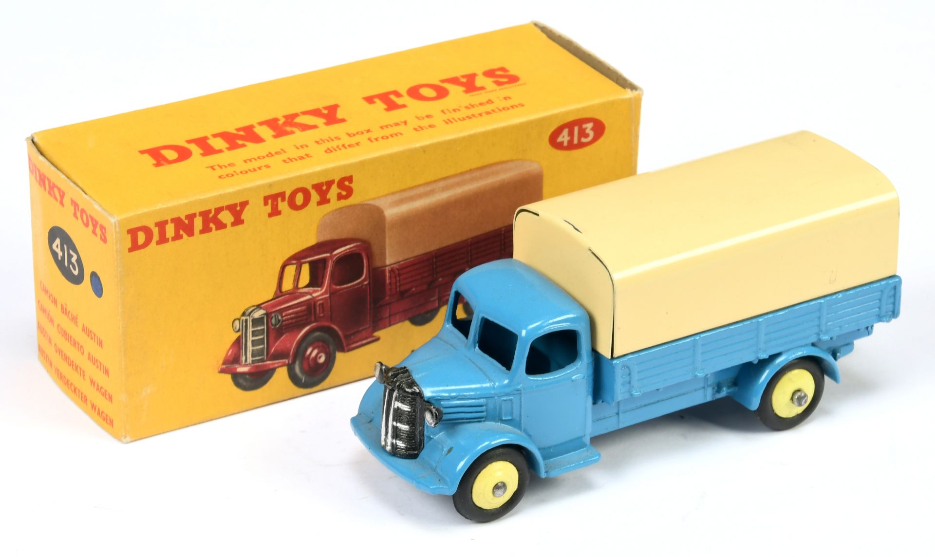 Dinky Toys 413  Austin Open Covered Wagon - Mid-blue cab and chassis, pale lemon rigid hubs with ...