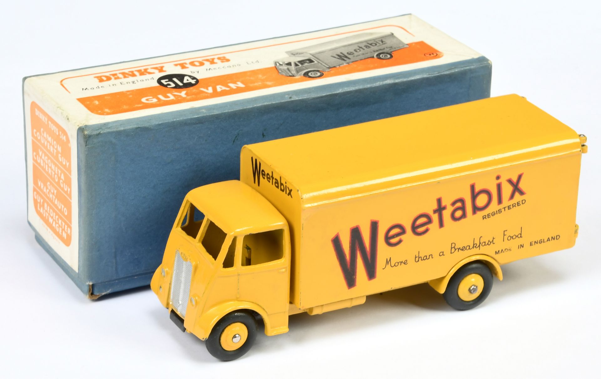 Dinky Toys 514 Guy (type 1) Van "Weetabix" - Yellow cab, chassis, back, rigid hubs and opening re...