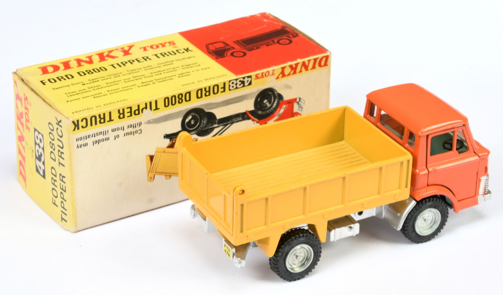 Dinky Toys 438 Ford D800 Tipper Truck - Orange cab, deep yellow back, silver chassis, pale green ... - Bild 2 aus 2