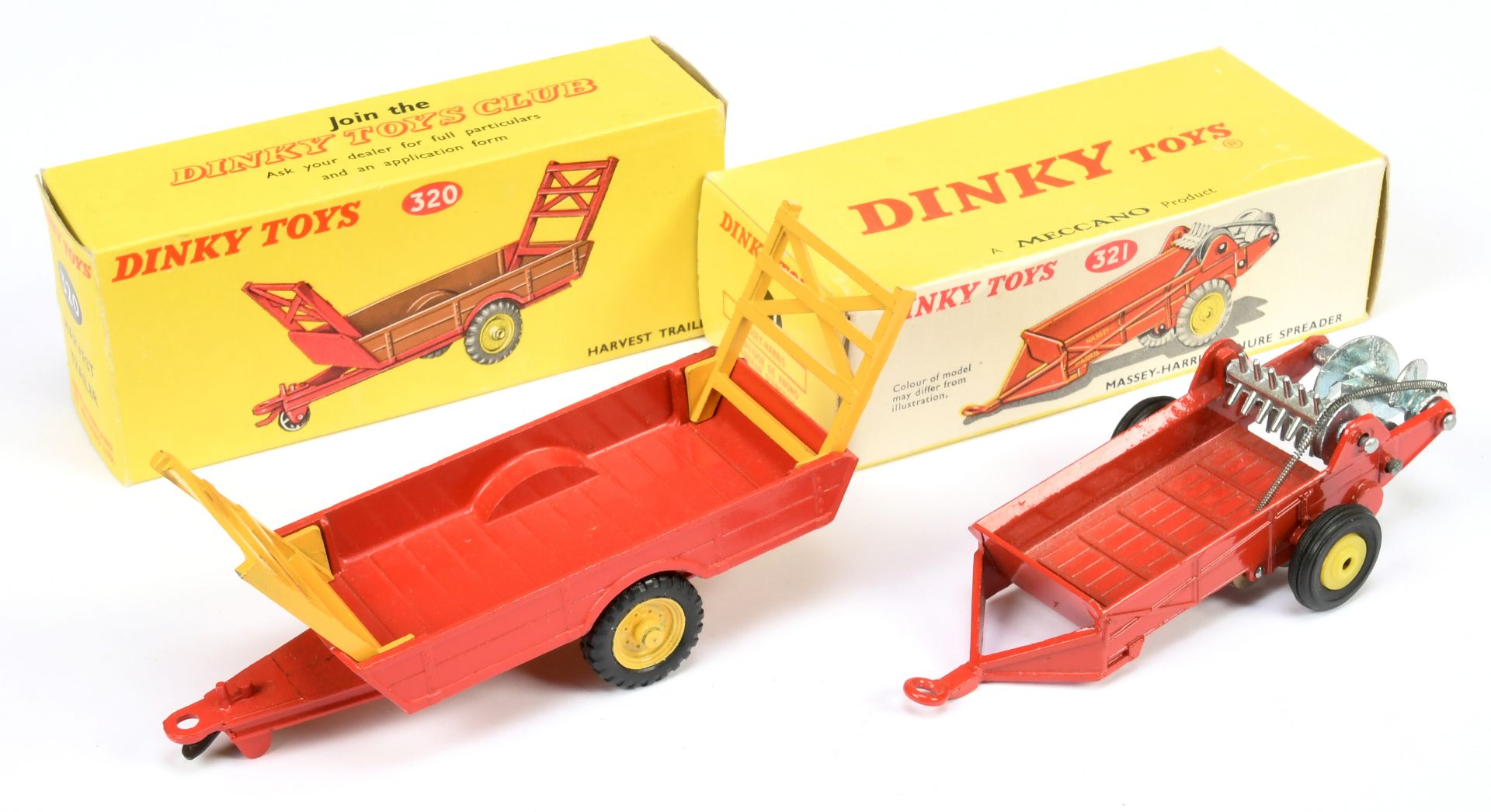 Dinky Toys A Pair - (1) 320 Harvest Trailer - Red, yellow including hubs and detachable raves and...