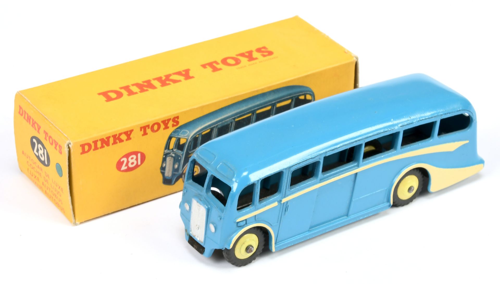 Dinky Toys 281 Luxury Coach - Mid-blue body, cream flashes, silver trim and lemon rigid hubs with...