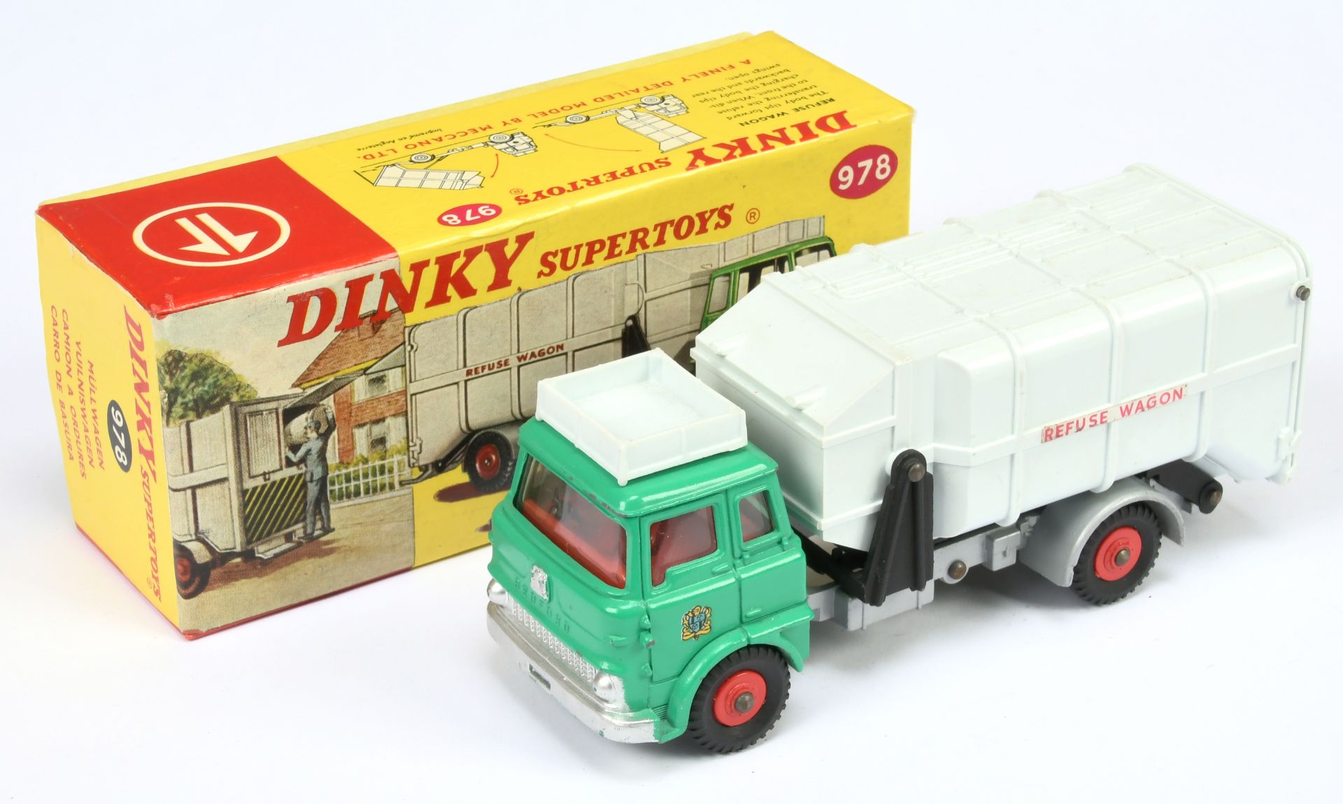 Dinky Toys 978 Bedford Refuse Wagon - Green cab with red interior and plastic hubs, silver trim a...