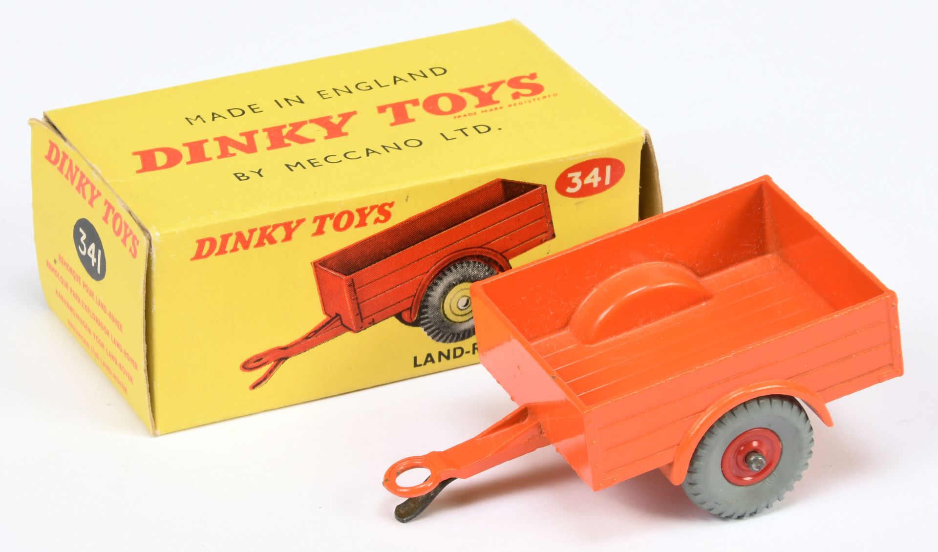 Dinky Toys 341 Land Rover Trailer - Orange with red plastic hubs and grey tyres  (without tow hoo...