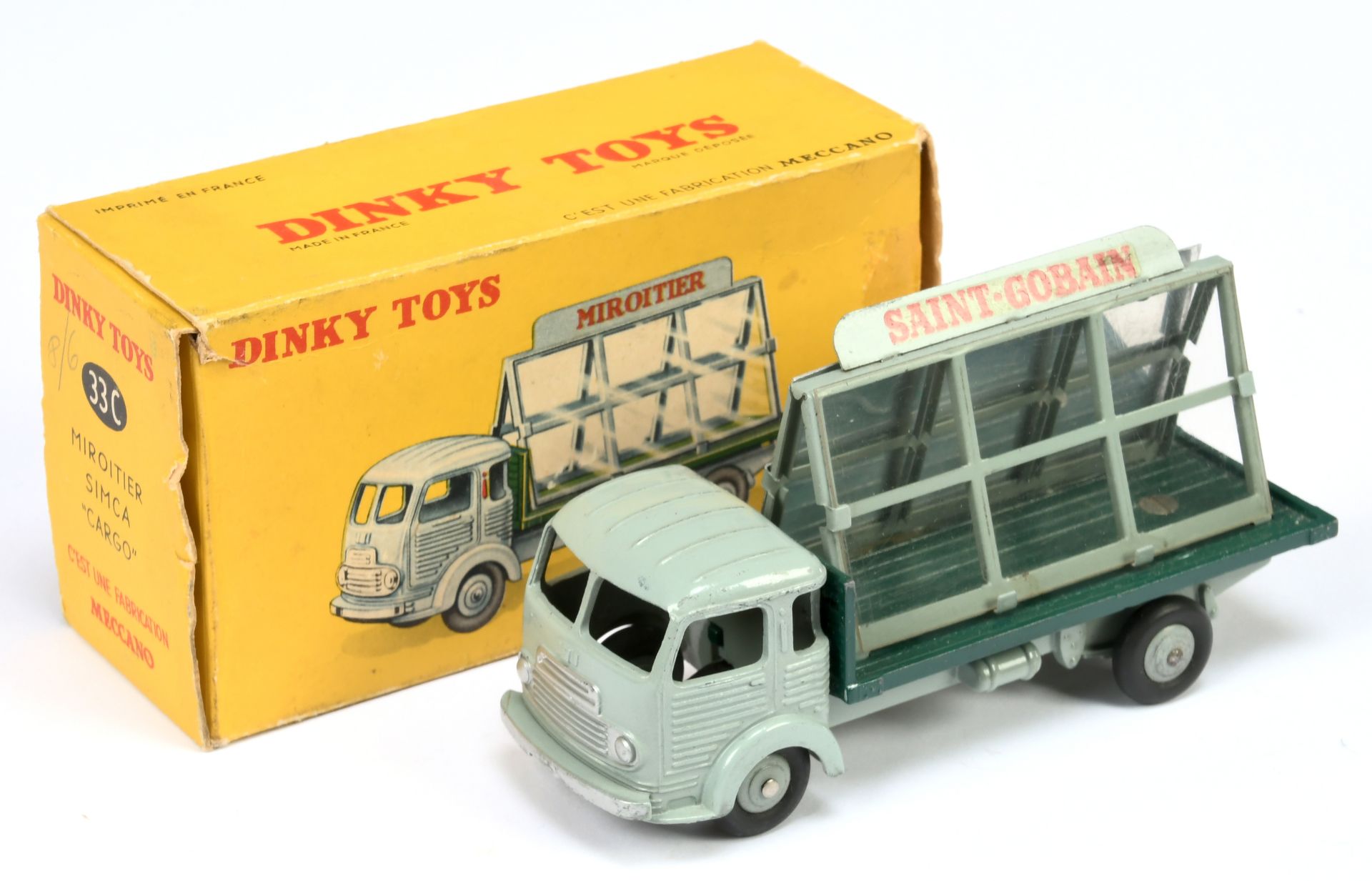 French Dinky Toys 33C Simca Cargo "Saint-Gobain/Miroitier" - Grey cab, chassis and convex hubs, g...