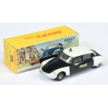 French Dinky Toys  501 Citroen DS19 "Police" Car - White and Navy blue, grey interior, roof light...