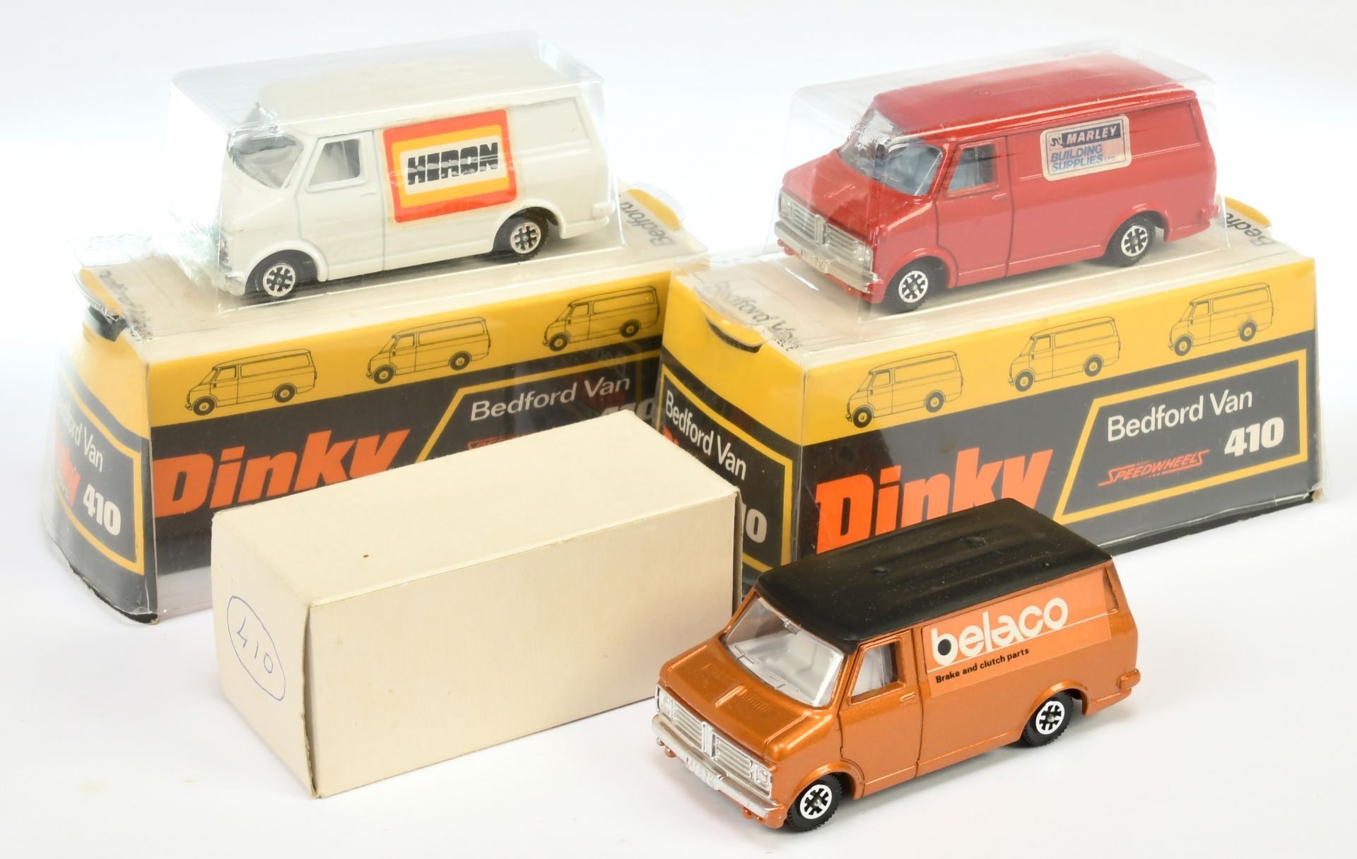 Dinky Toys 410 Bedford Promotional Vans  Group Of 3 -  (1) "Belaco" Gold & Black, (2) "Heron" - W...