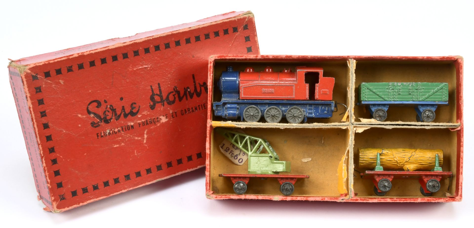 French Hornby Series (Dinky) Train Set  - containing Locomotive - Red and Blue,Log Trailer - Red,...