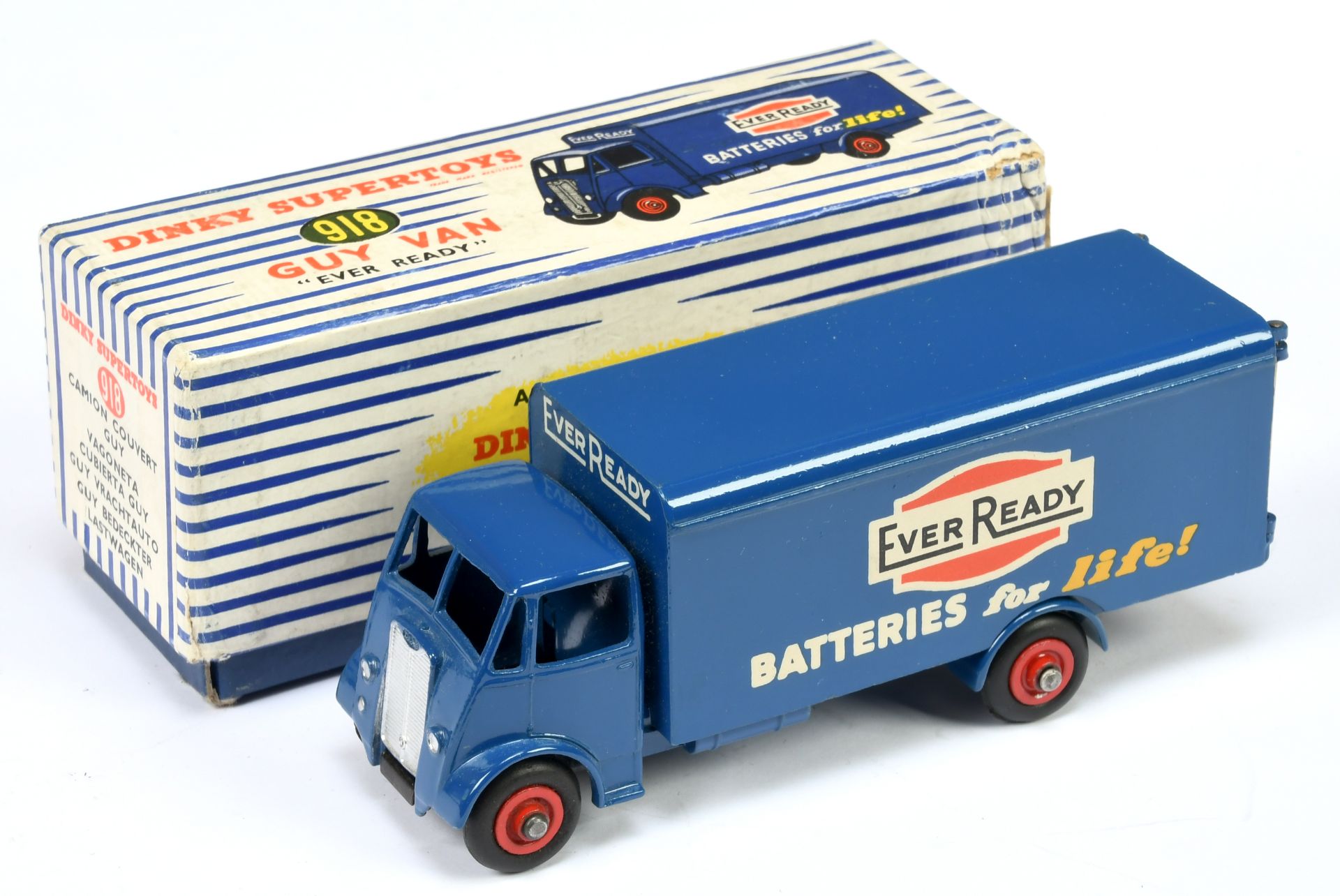 Dinky Toys 918 Guy (Type 2) Van "Ever Ready Batteries" - Blue cab, chassis, back, and opening rea...