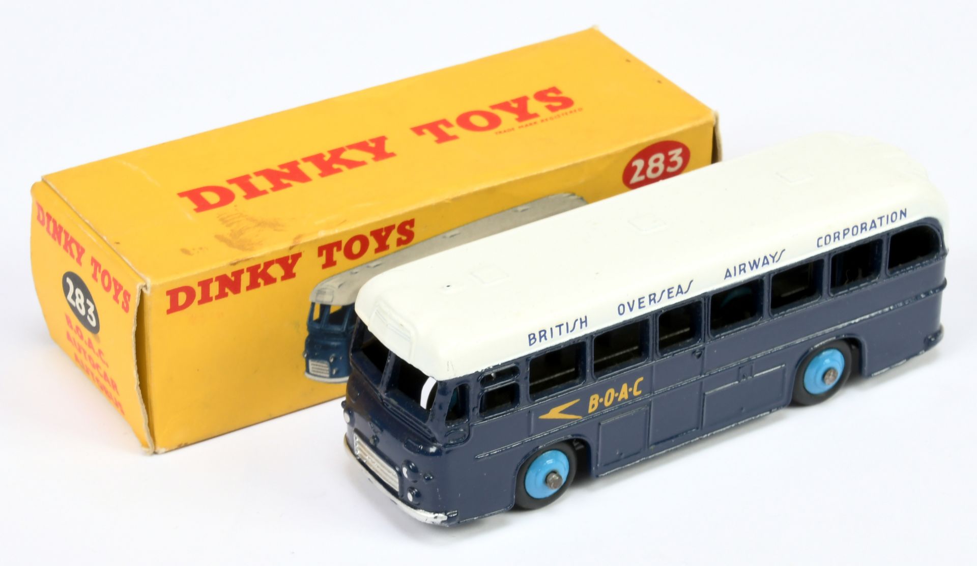 Dinky Toys 283 "BOAC" Duple Roadmaster Airport Coach - Dark blue body, white roof, silver trim, m...