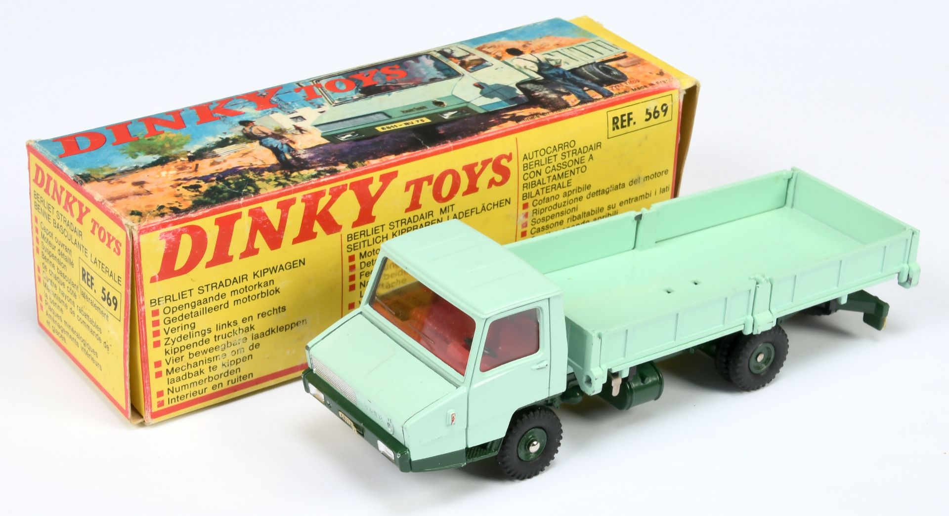 French Dinky Toys 569 Berliet Stradair - Pale green, dark green chassis and concave hubs, red int...