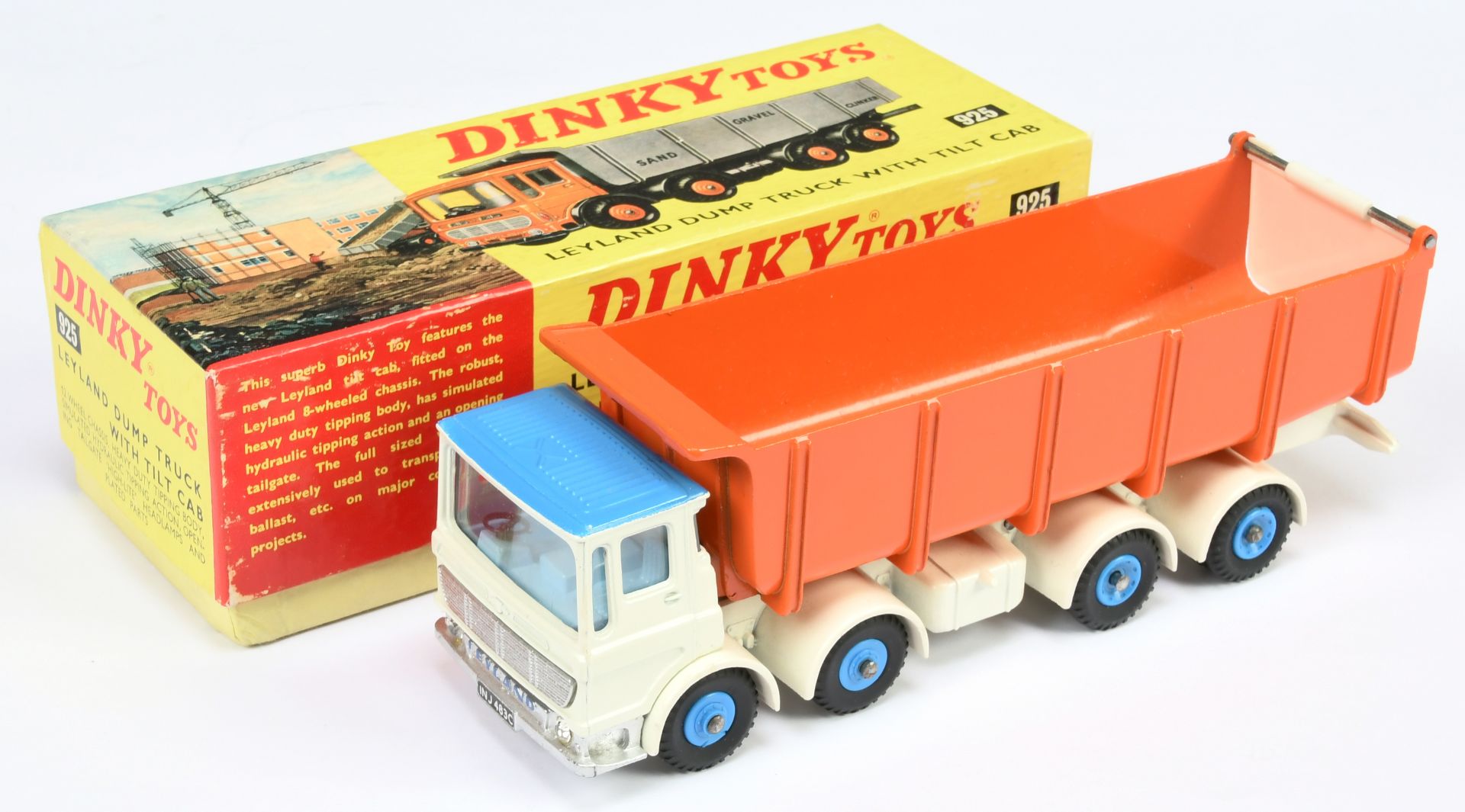 Dinky Toys 925 Leyland Dump Truck With Tilt Cab - Off white cab and chassis, mid-blue roof and pl...