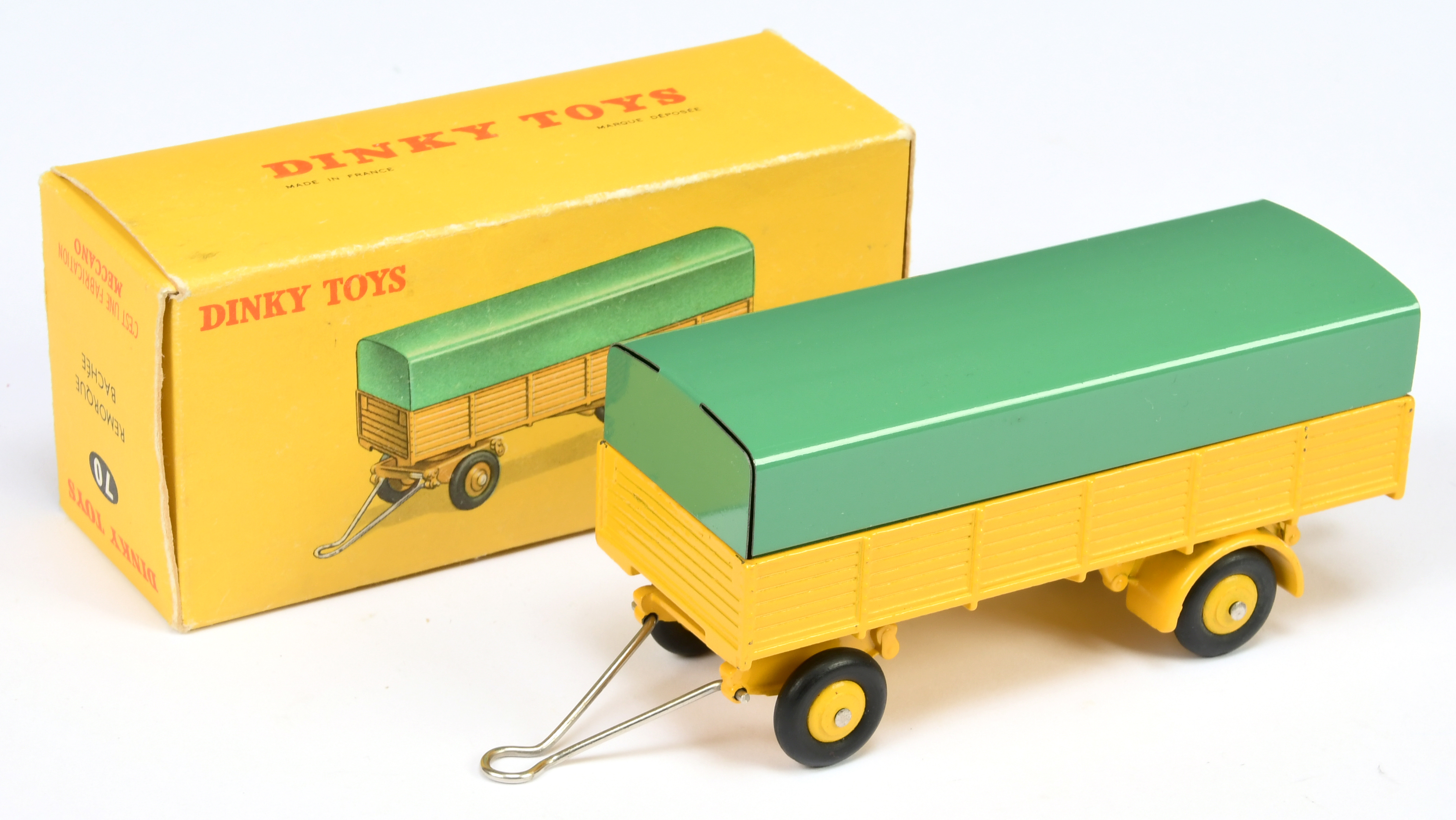 French Dinky Toys 70 Large Trailer - Yellow including convex hubs, green metal tilt, chrome draw ...