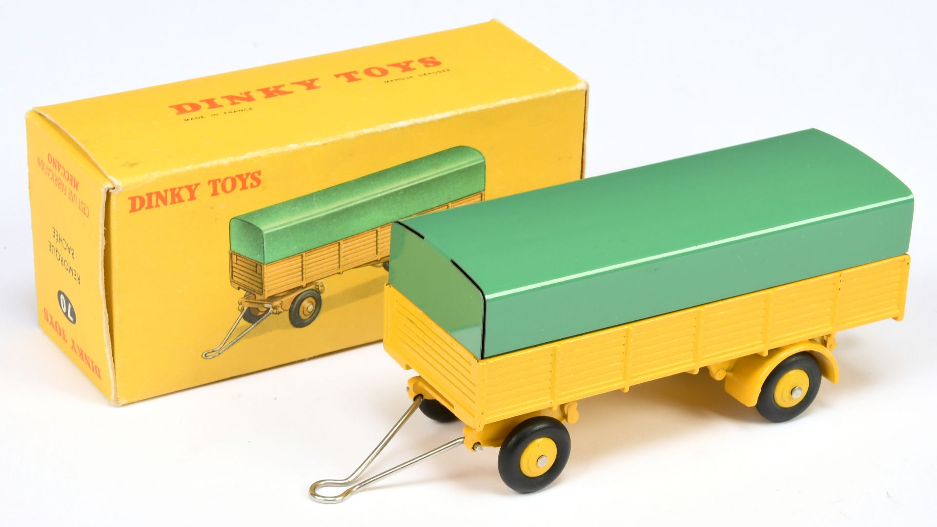 French Dinky Toys 70 Large Trailer - Yellow including convex hubs, green metal tilt, chrome draw ...