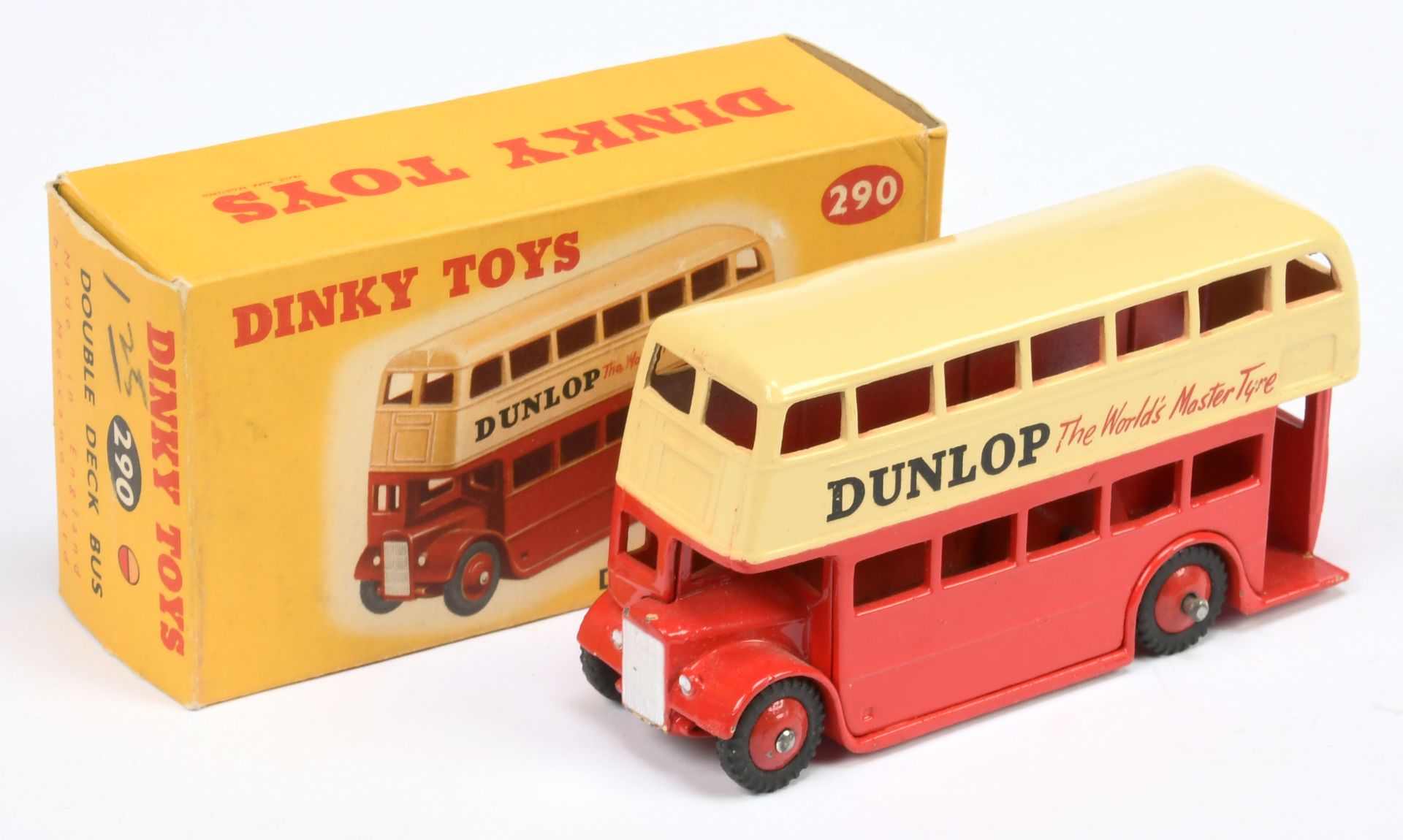 Dinky Toys 290 Doubles Decker Bus (Type 3) "Dunlop" - Two-Tone cream and red including rigid hubs...