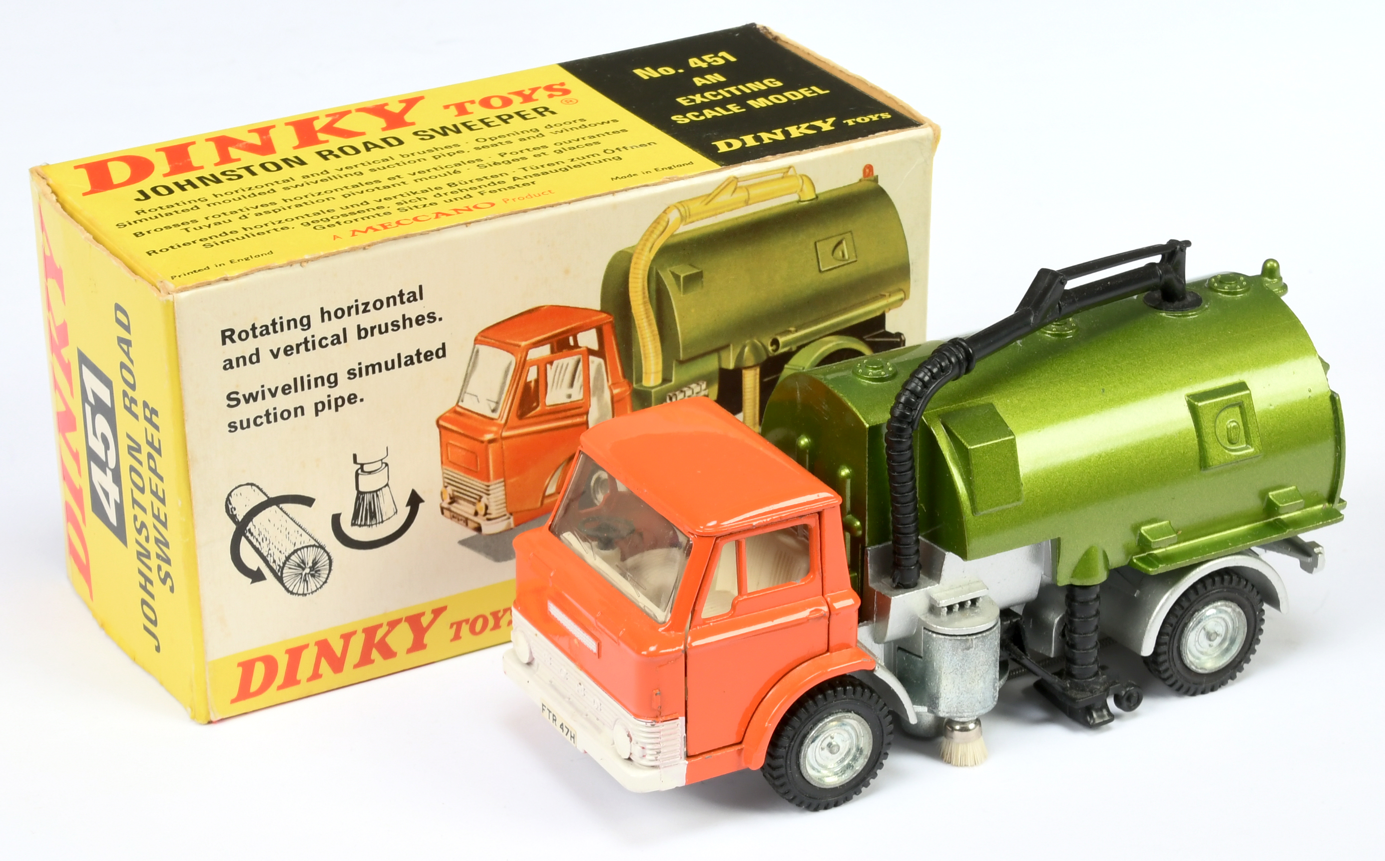 Dinky Toys 451 Johnston (Ford) Road Sweeper - Orange cab with white front trim and interior, gree...