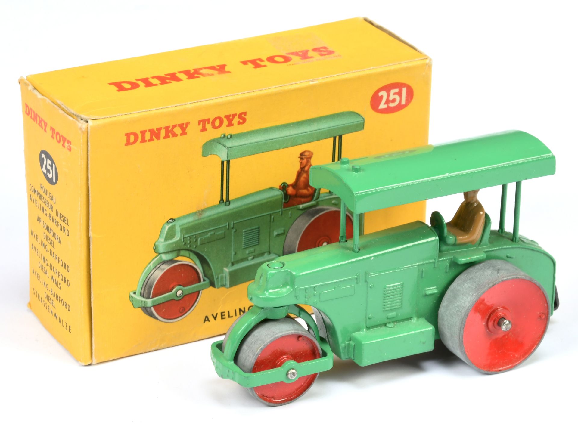 Dinky Toys 251 Aveling Barford Road Roller - Mid-green body and canopy, red metal wheels, tan fig...