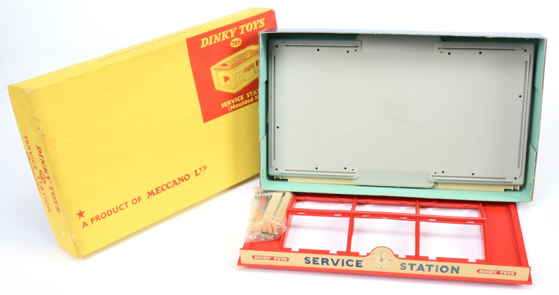 Dinky Toys 785  Service Station Set - containing Plastic building Red, cream and grey with clear ...