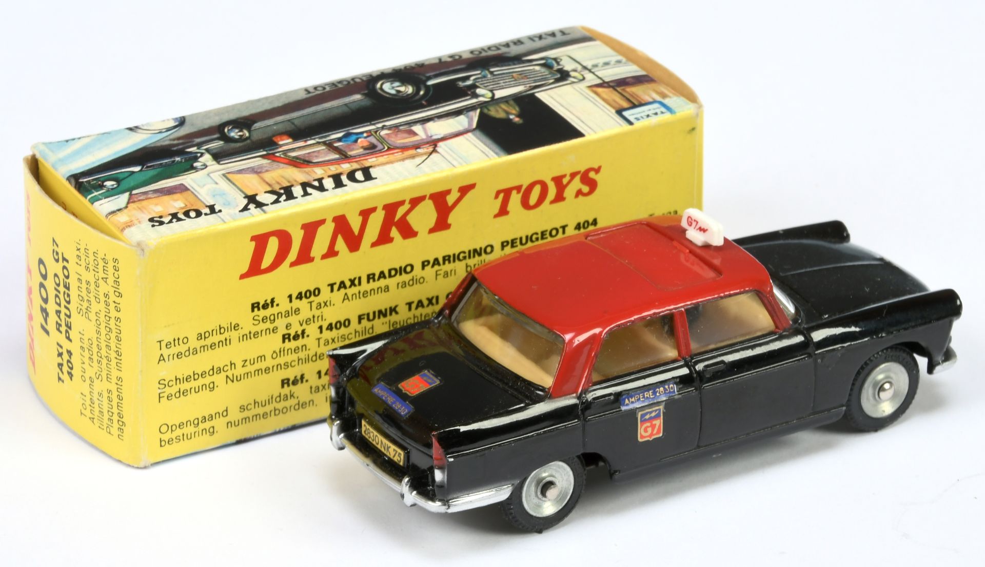 French Dinky Toys 1400 Peugeot 404 "Taxi" - Black body, red roof, light tan interior, roof box, s... - Bild 2 aus 2