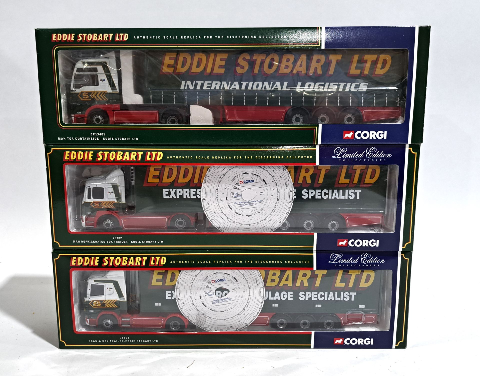 Corgi “Eddie Stobart” 1:50 scale, a boxed quad group. CC13401, 75702 & 76602