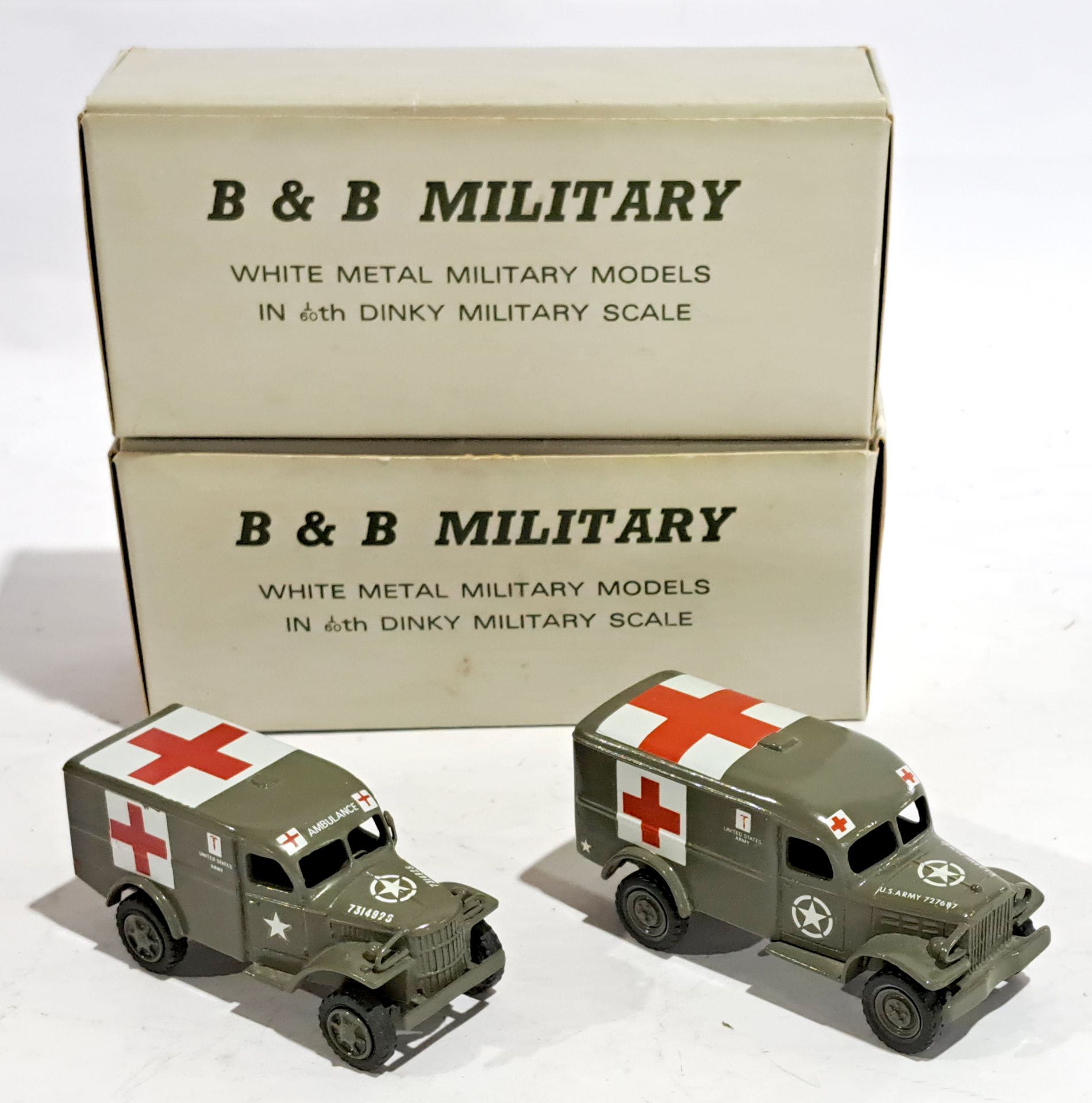 B&B Military White Metal Military Ambulance, a boxed pair