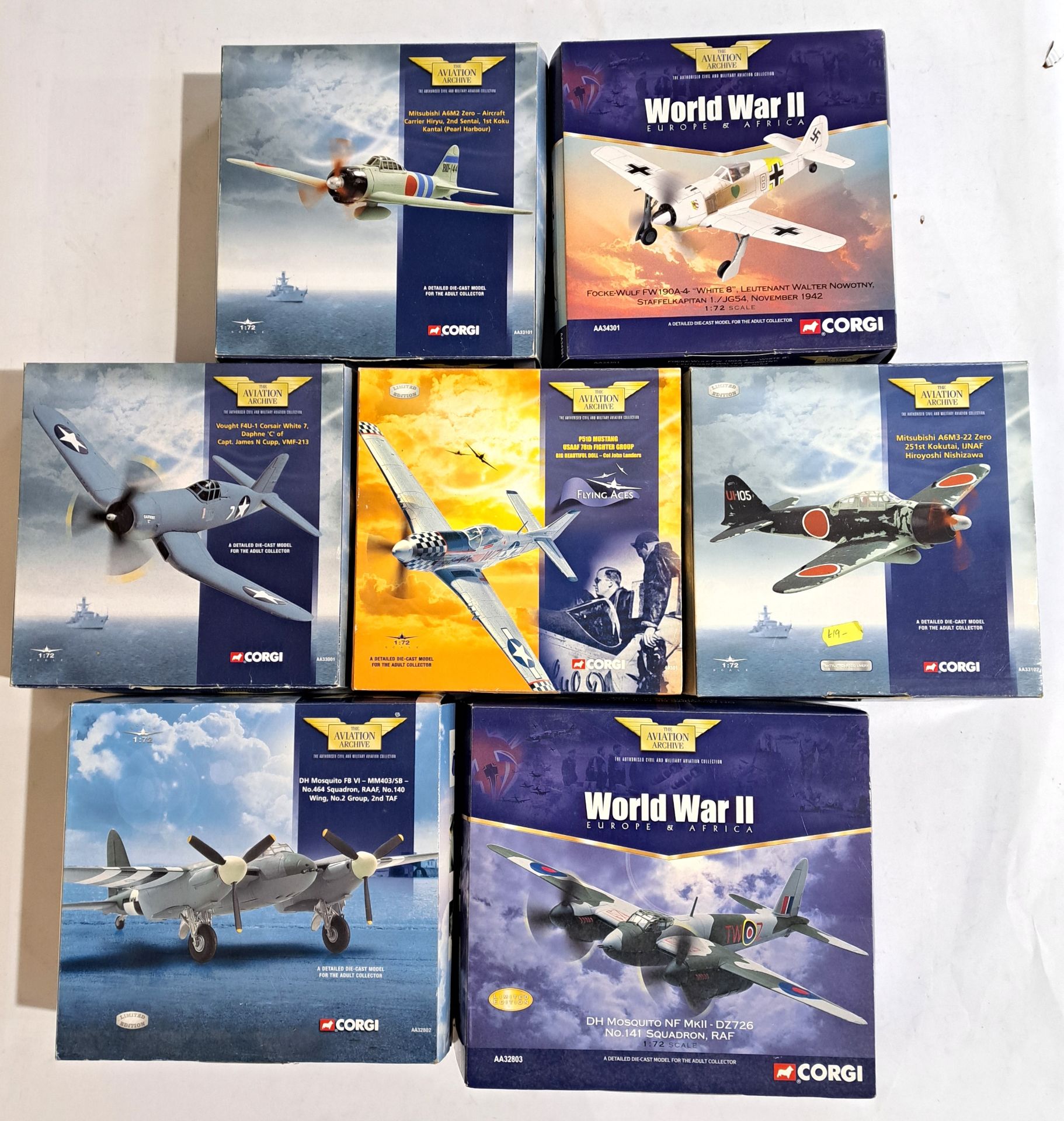 Corgi Aviation Archive, a boxed 1:72 scale group to include 49301 (Flying Aces) P51D Mustang