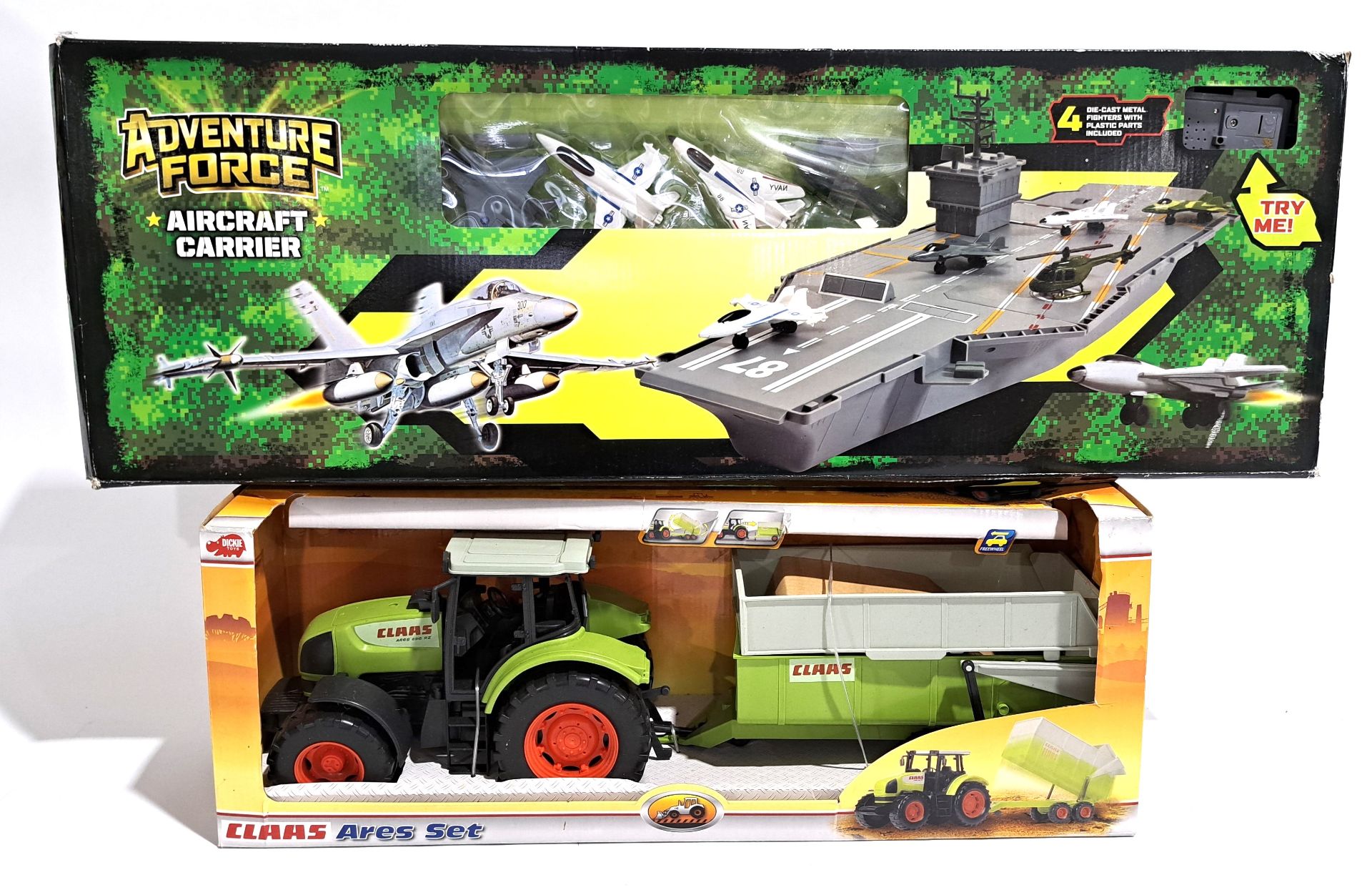 Adventure Force Aircraft Carrier & CLAAS Ares Set, a boxed pair