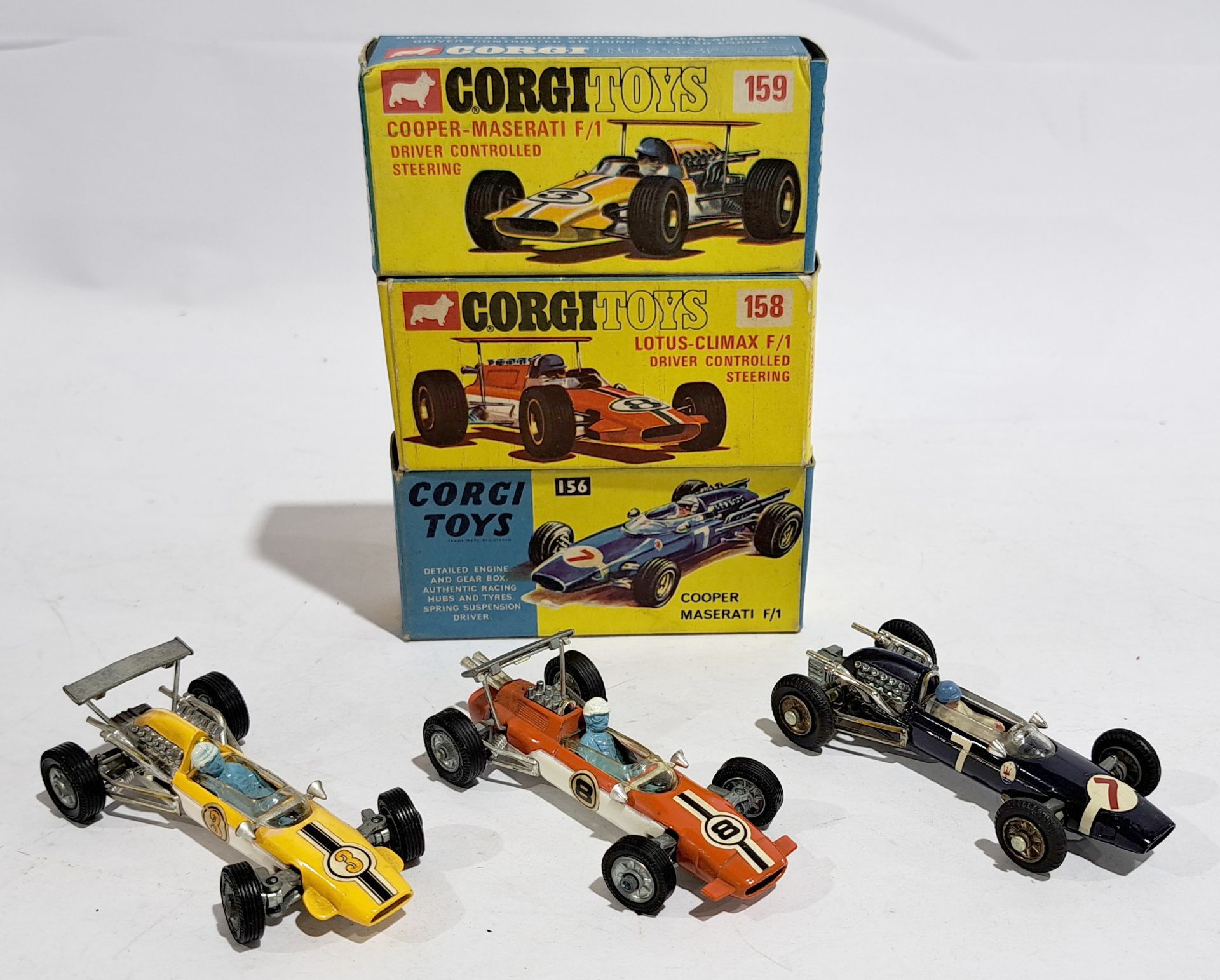 Corgi Racing Cars 156, 158 & 159, a boxed group