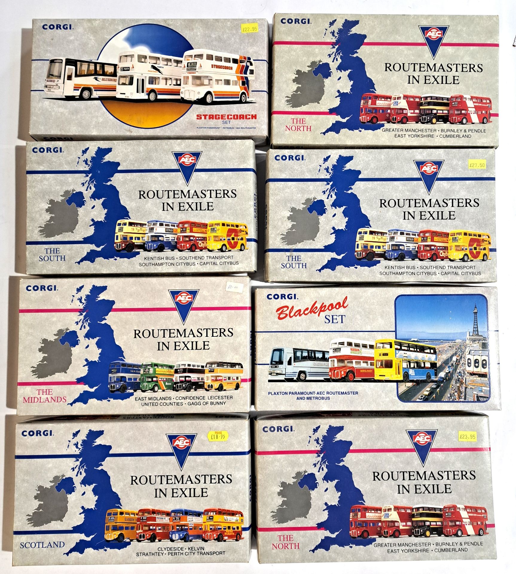 Corgi, a boxed bus group comprising mainly of "Routemasters in Exile" Sets