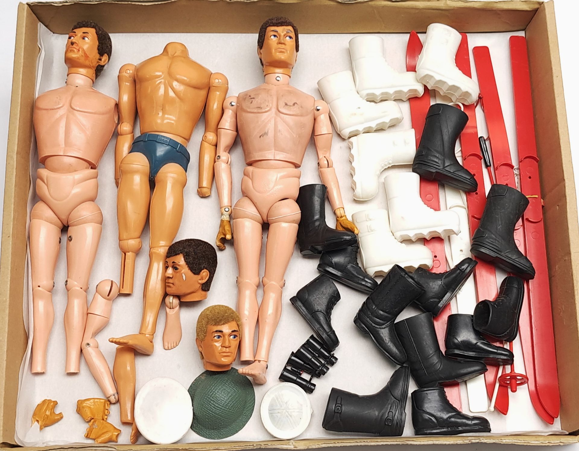 Palitoy Action Man a group of vintage mixed items including flock head, gripping hand figures - a...