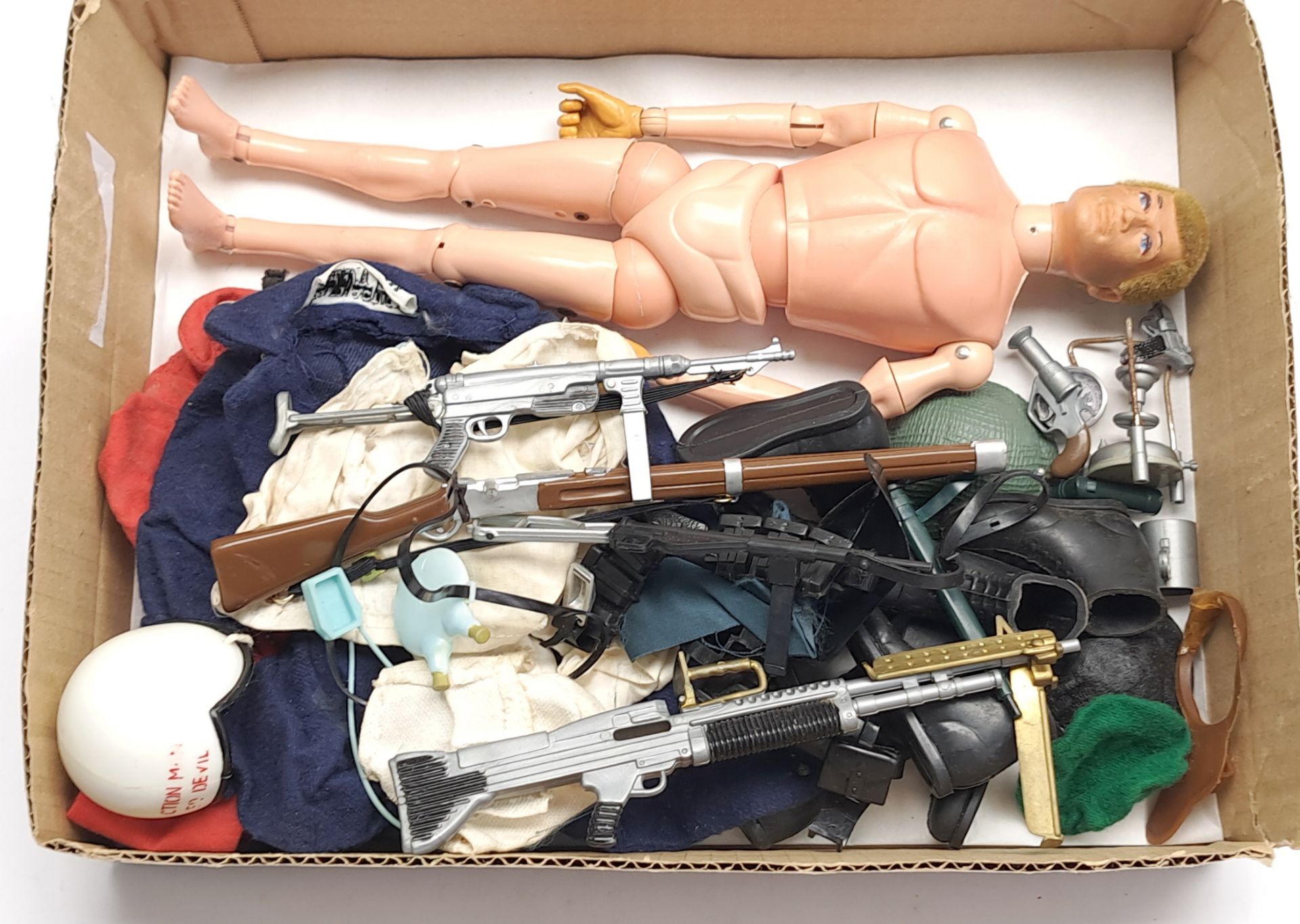 Palitoy Action Man vintage, unboxed group to include undressed flock head figure, plus various ac...