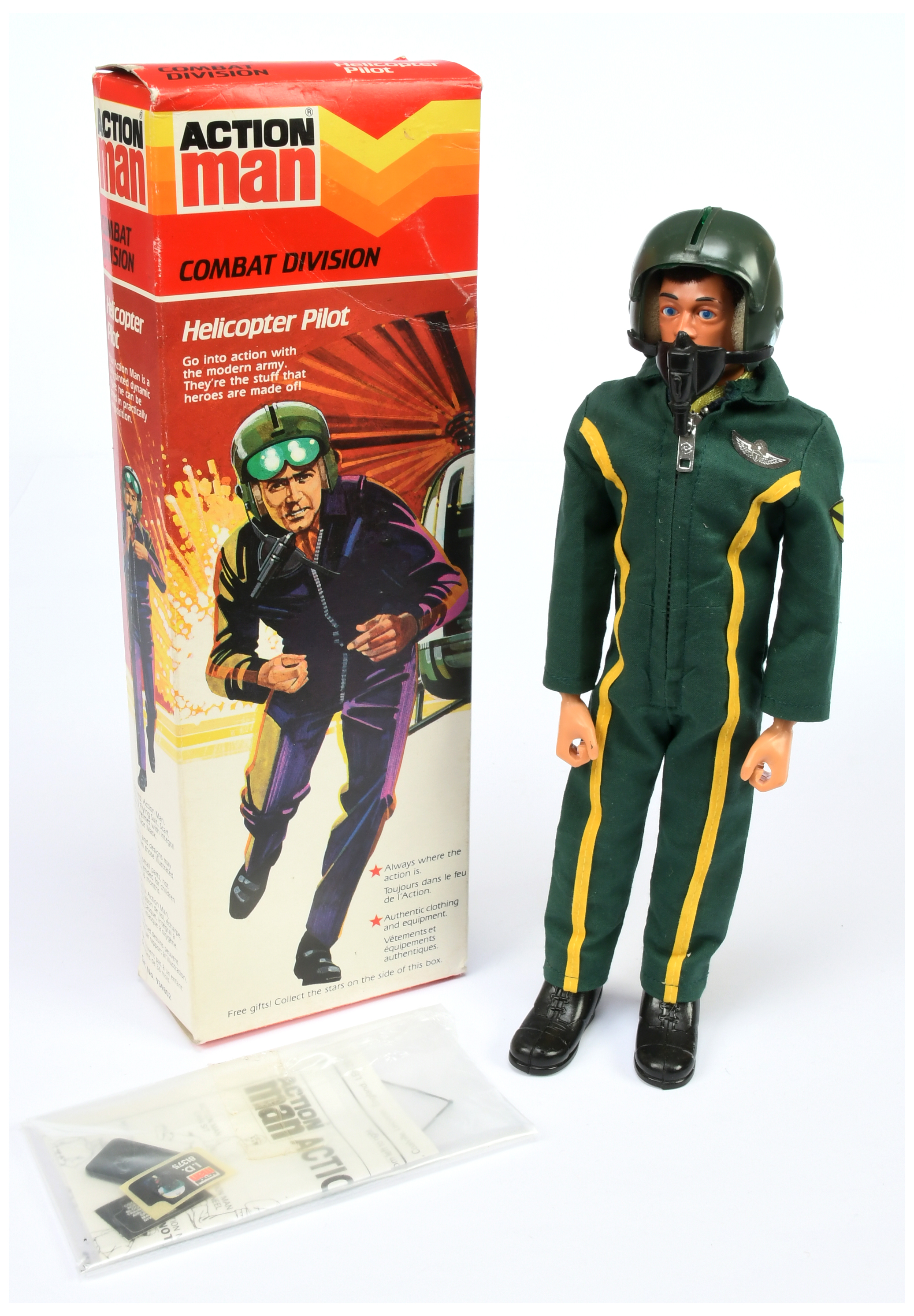 Palitoy Action Man Vintage Combat Division Helicopter Pilot - dynamic body with flying suit, helm...