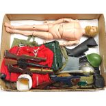 Palitoy Action Man vintage, unboxed group to include undressed flock head figure, plus various ac...