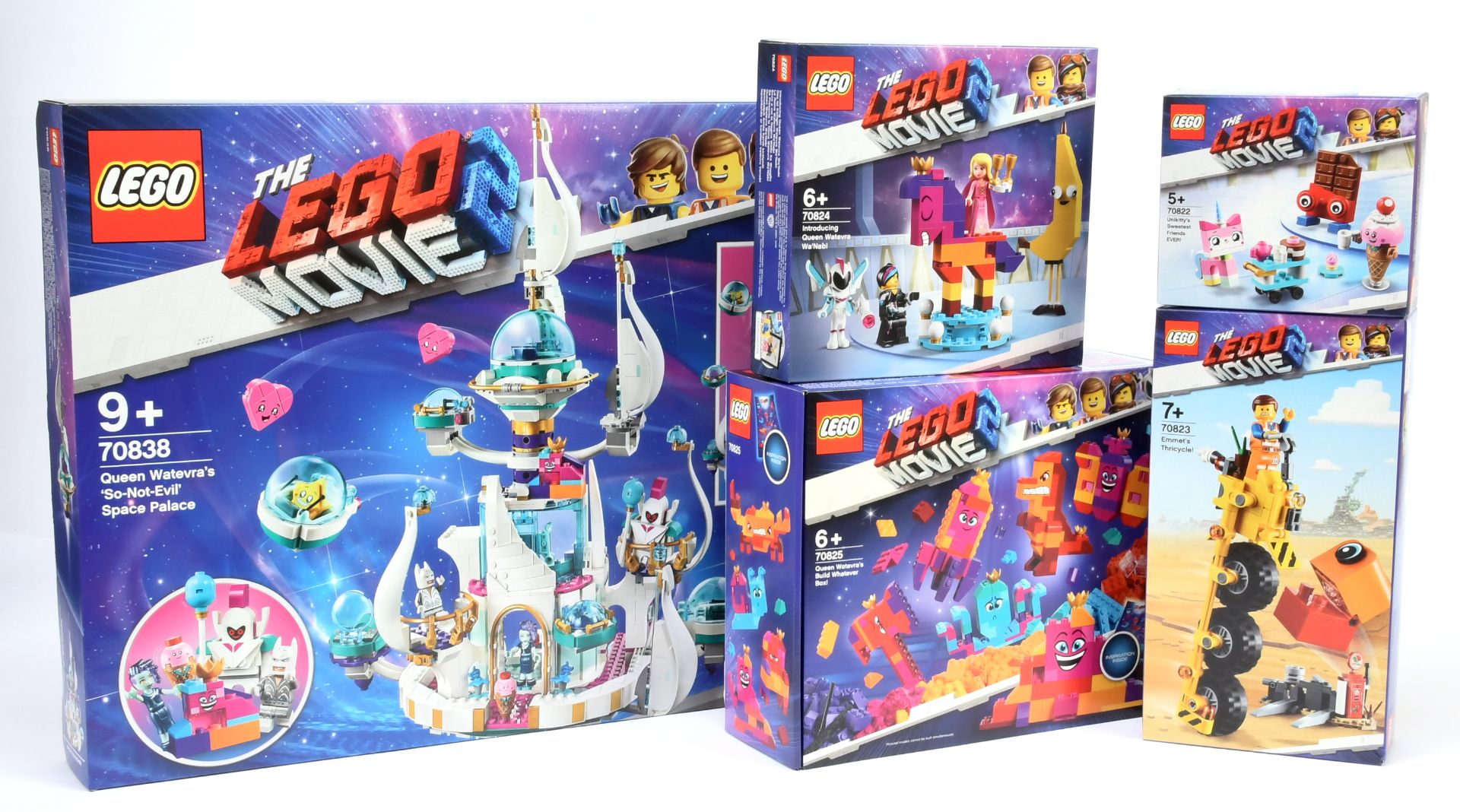 Lego the Movie sets x 5 includes 70838 Queen Watevra's 'So-Not-Evil' Space Palace, 70822 Unikitty...