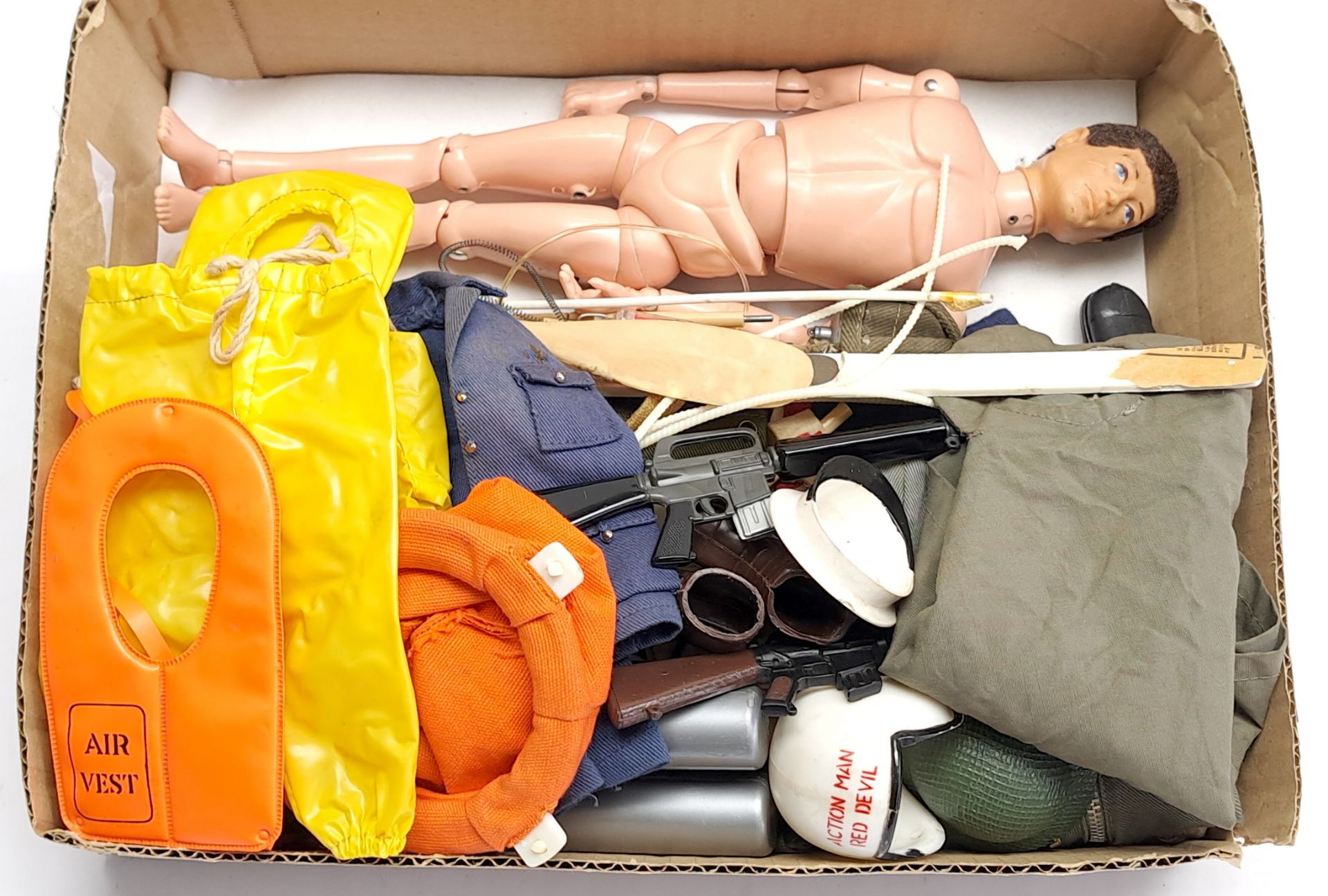 Palitoy Action Man vintage, unboxed group to include undressed flock head figure plus various acc...