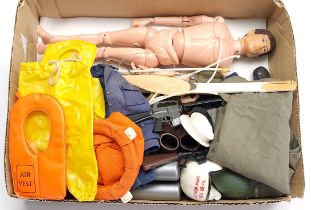 Palitoy Action Man vintage, unboxed group to include undressed flock head figure plus various acc...