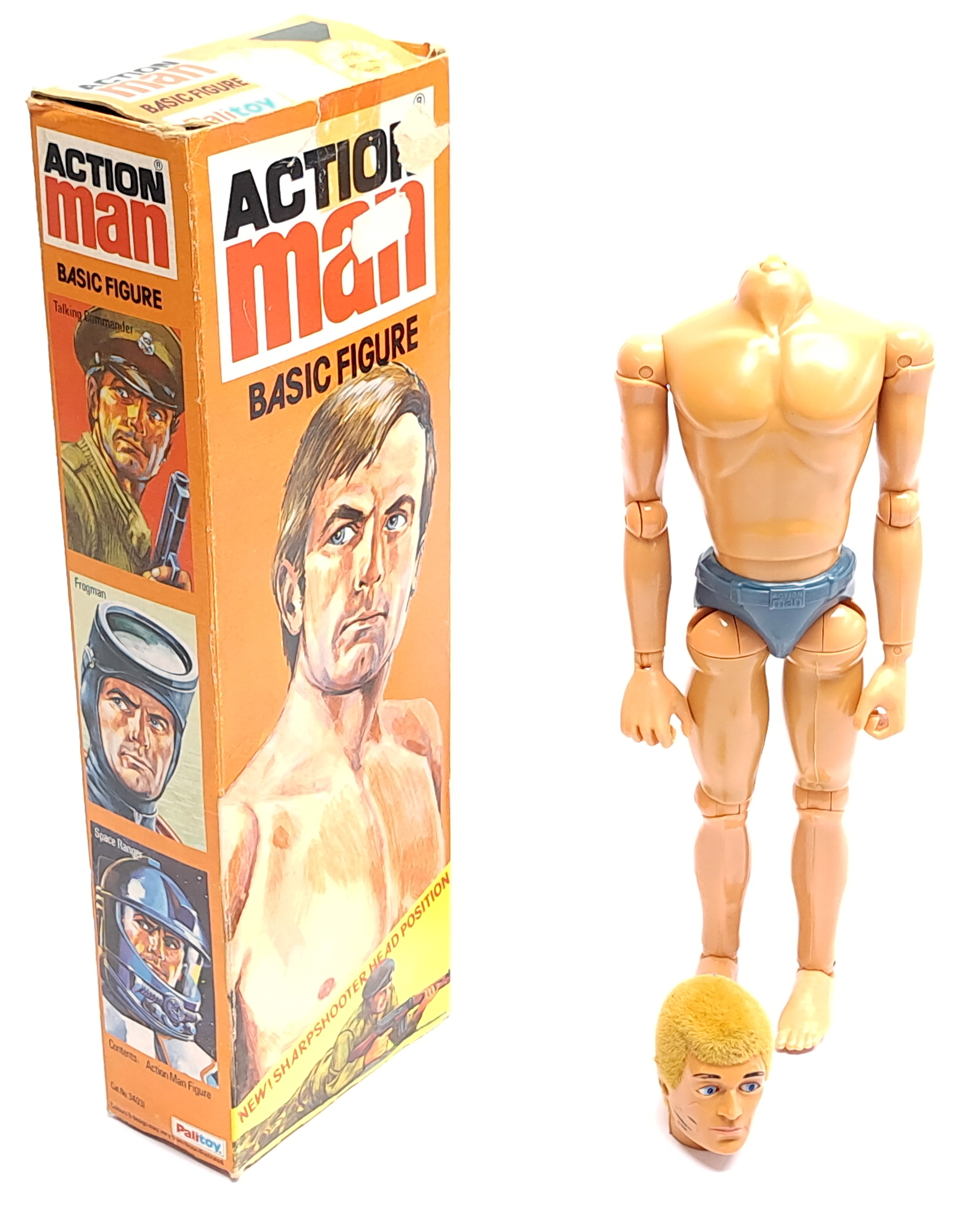 Palitoy Action Man vintage Basic Figure, flock hair, Eagle-Eyes, gripping hands, head is detached...