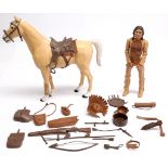 Marx Chief Cherokee loose movable Indian figure with various accessories, plus Thunderbolt horse ...
