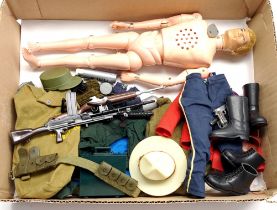 Palitoy Action Man vintage, unboxed group to include undressed flock head figure, plus various ac...